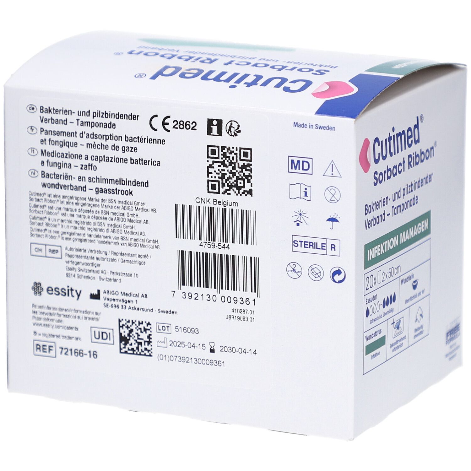 Rückseite der Cutimed Sorbact Ribbon Verpackung. Box mit Produktinformationen, CE-Kennzeichnung, QR-Code und Chargennummer.