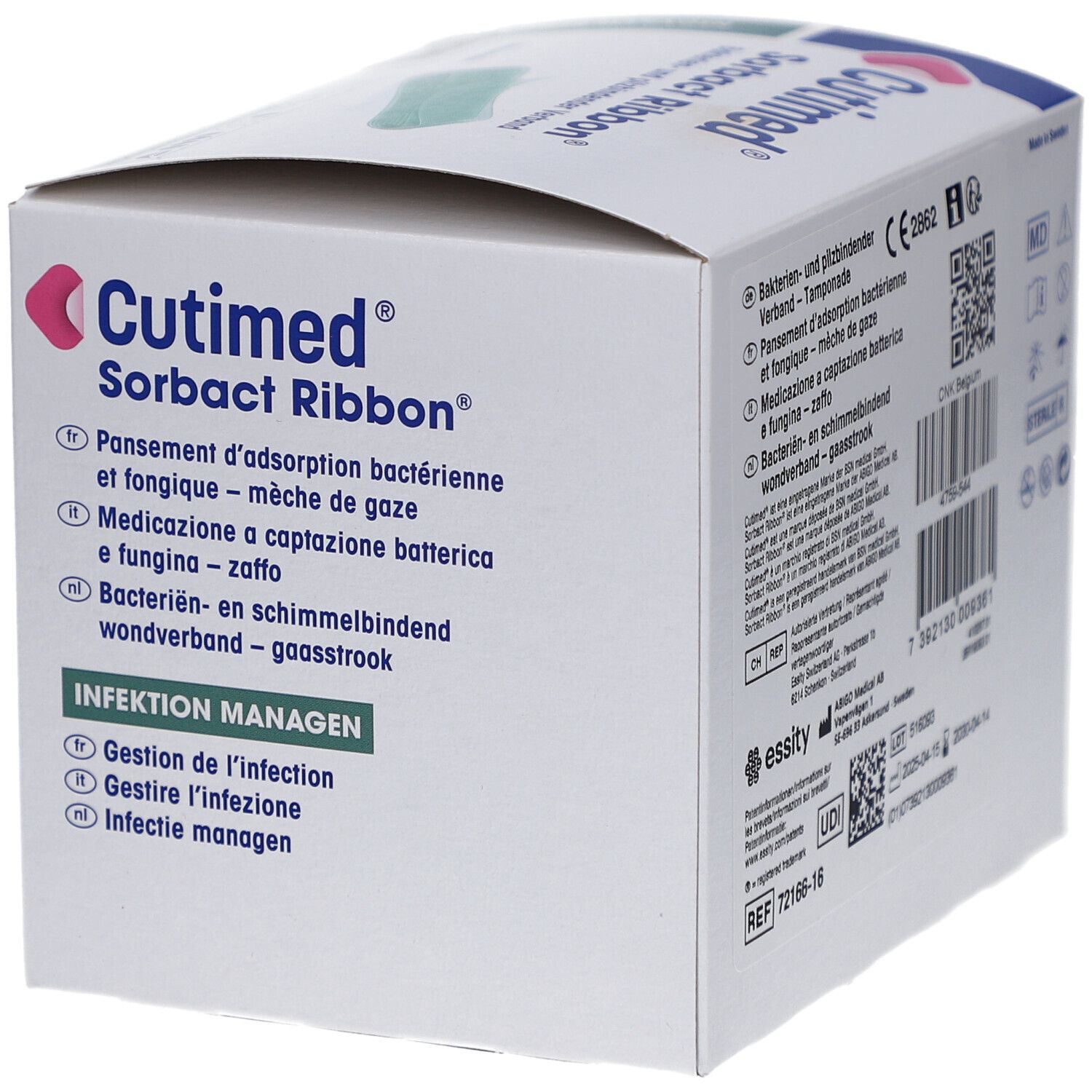 Cutimed Sorbact Ribbon Verpackung. Box mit Produktinformationen, CE-Kennzeichnung, QR-Code und Chargennummer.