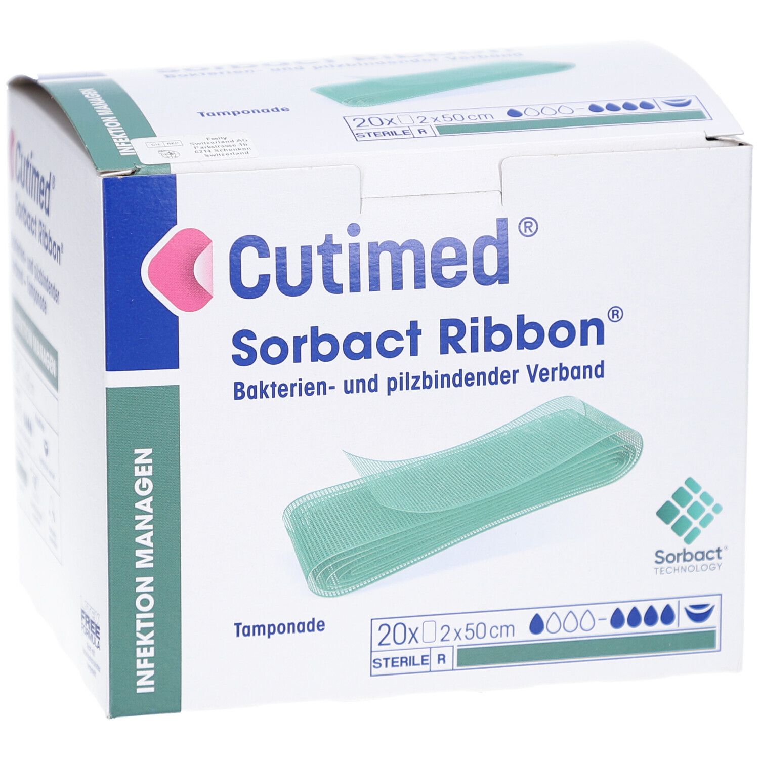 Cutimed Sorbact Ribbon Verpackung. Box mit Verband, 20 Stück, 2x50cm. Grün-weißes Design, Produktname und Logo.
