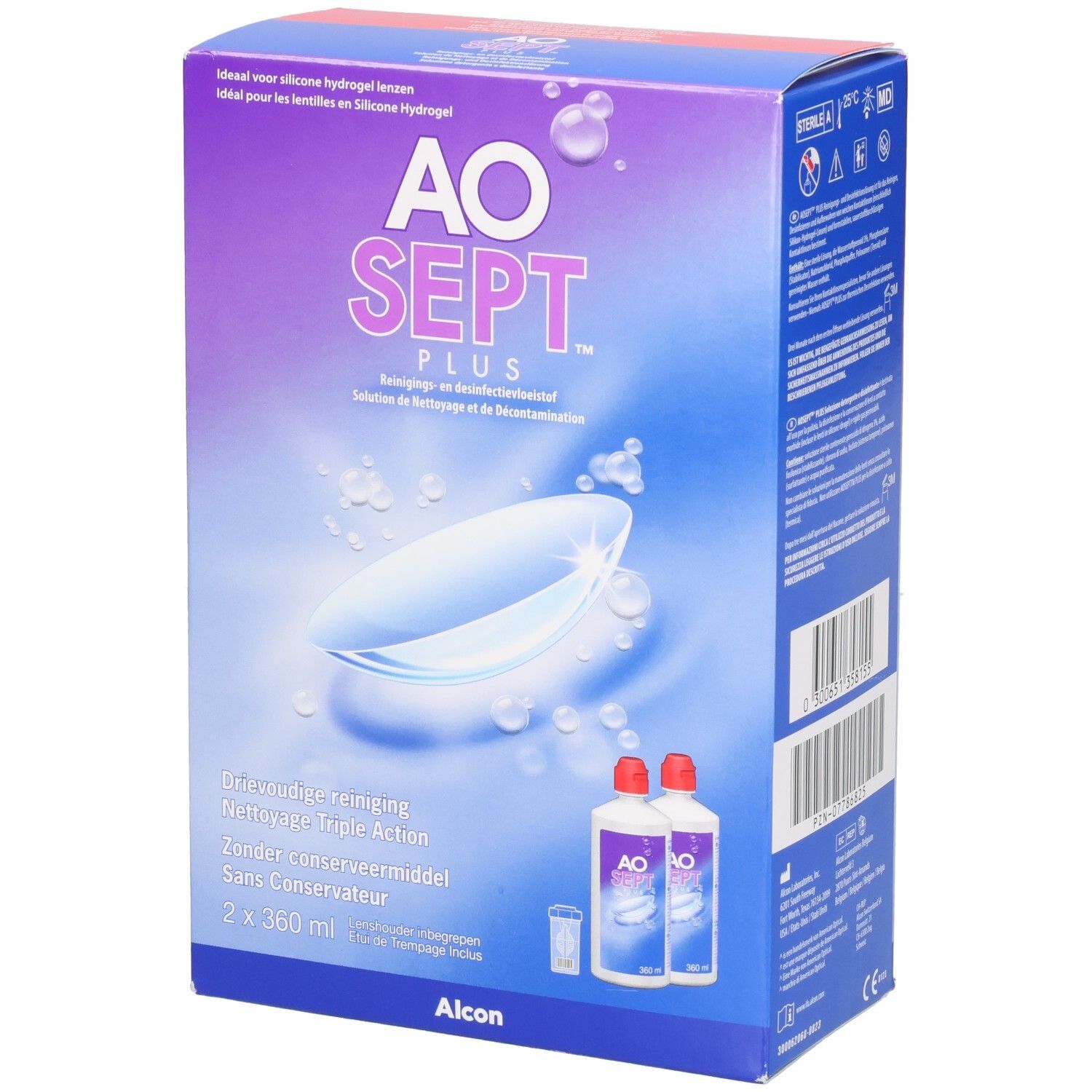 Emballage AO SEPT PLUS. Contient deux flacons et un récipient. Inscription : solution de nettoyage pour lentilles de contact.