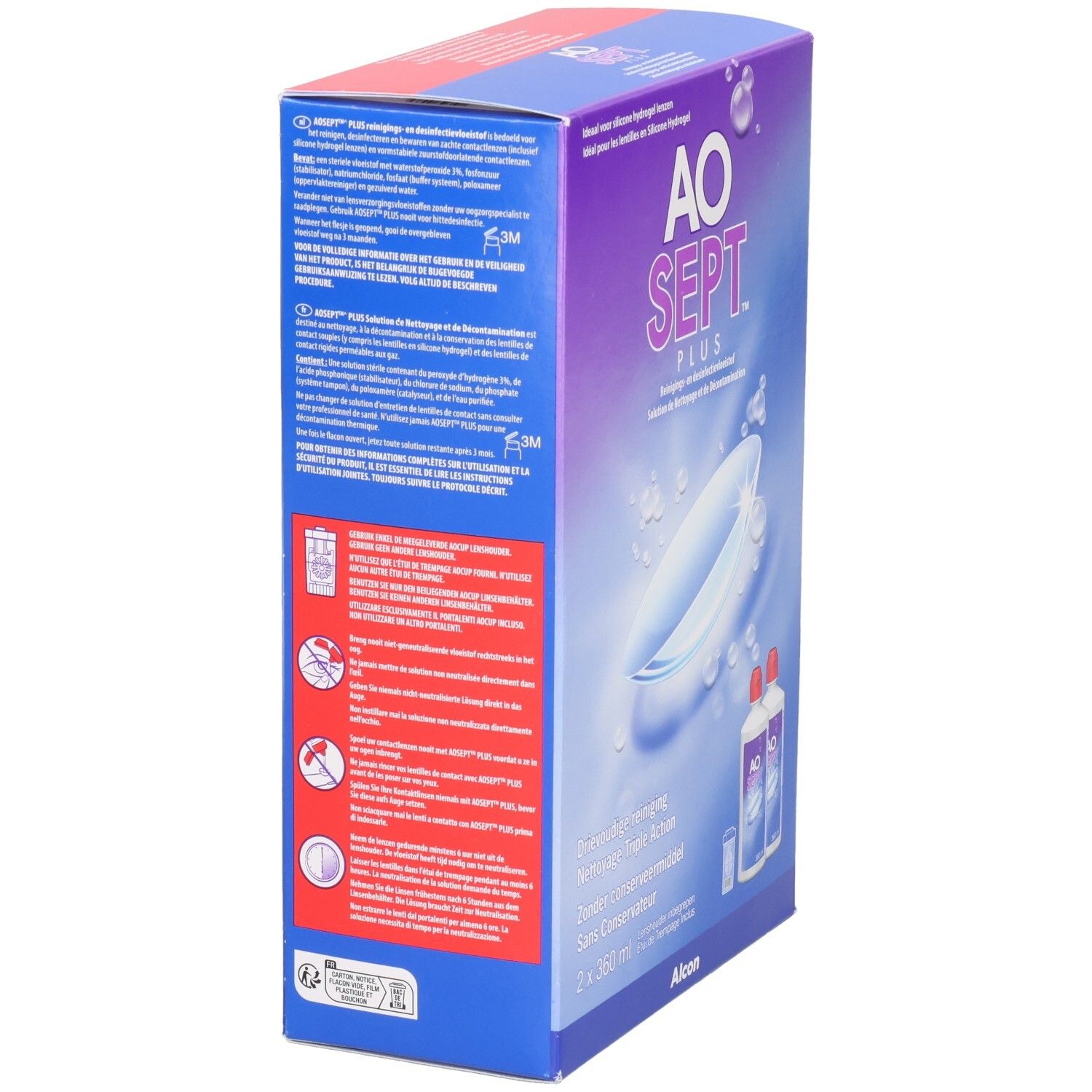 Vue latérale de l'emballage AO SEPT PLUS. Texte multilingue. Contient deux flacons et un récipient.
