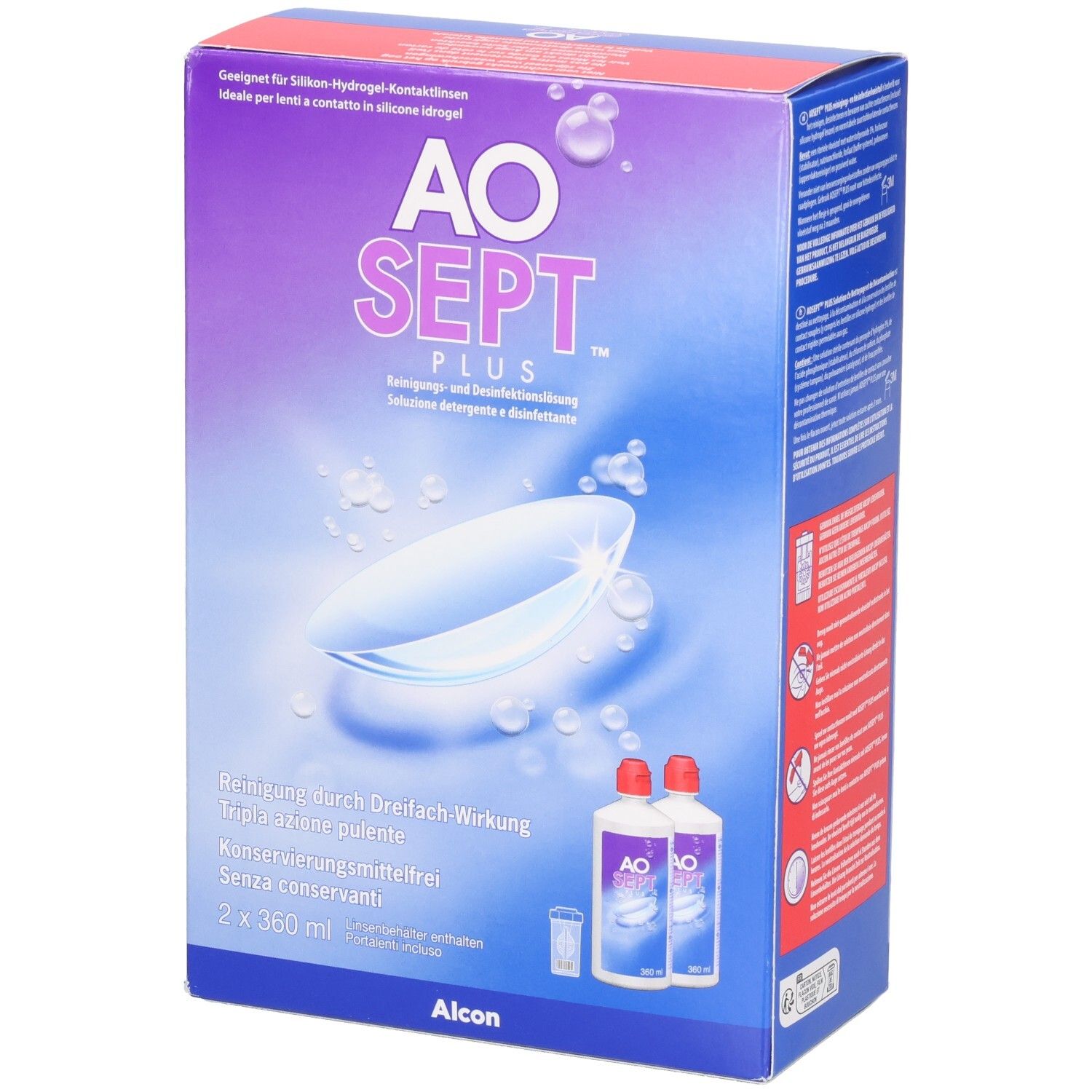 Emballage AO SEPT PLUS. Contient deux flacons et un récipient. Inscription : solution de nettoyage pour lentilles de contact.