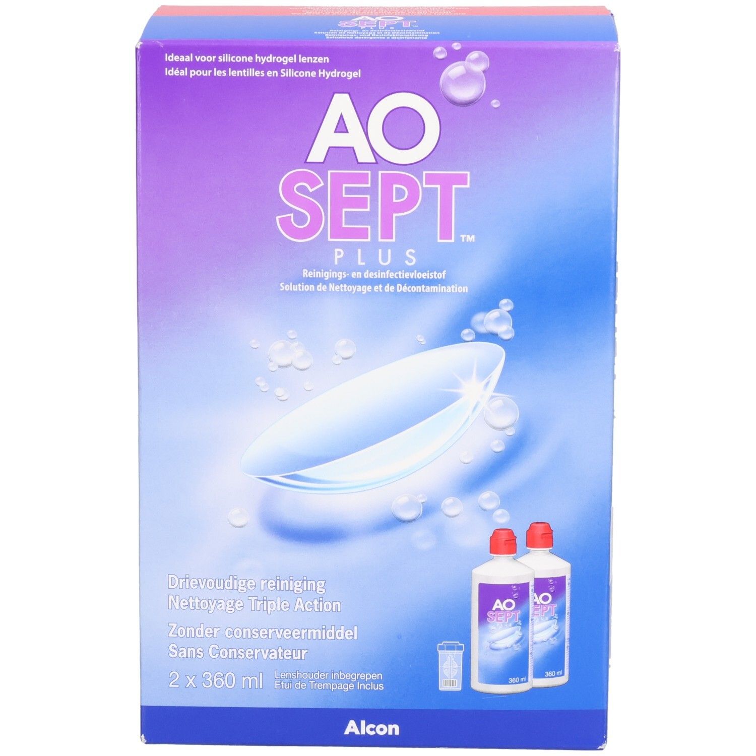 Emballage AO SEPT PLUS. Contient deux flacons et un récipient. Inscription : solution de nettoyage pour lentilles de contact.