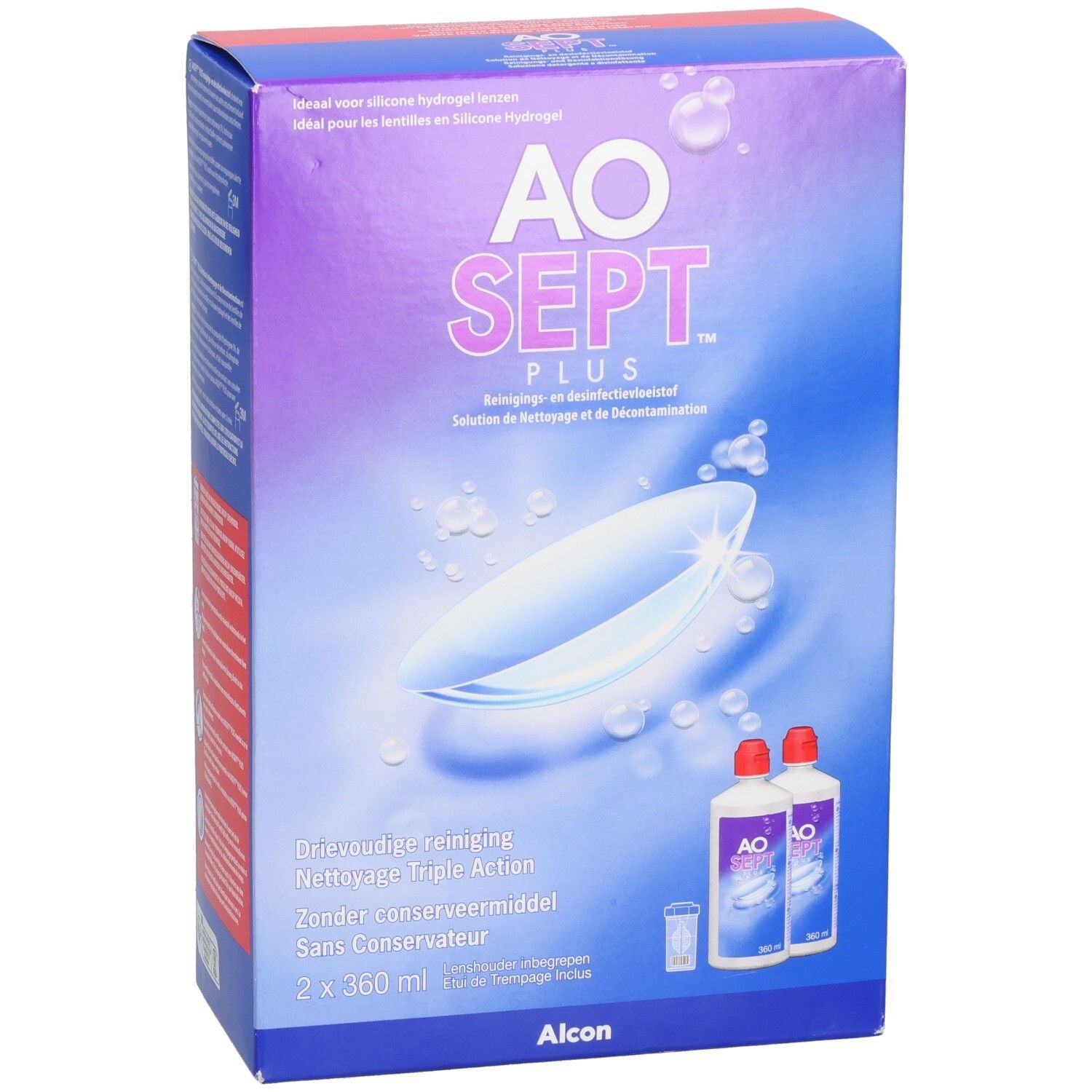 Emballage AO SEPT PLUS. Contient deux flacons et un récipient. Inscription : solution de nettoyage pour lentilles de contact.