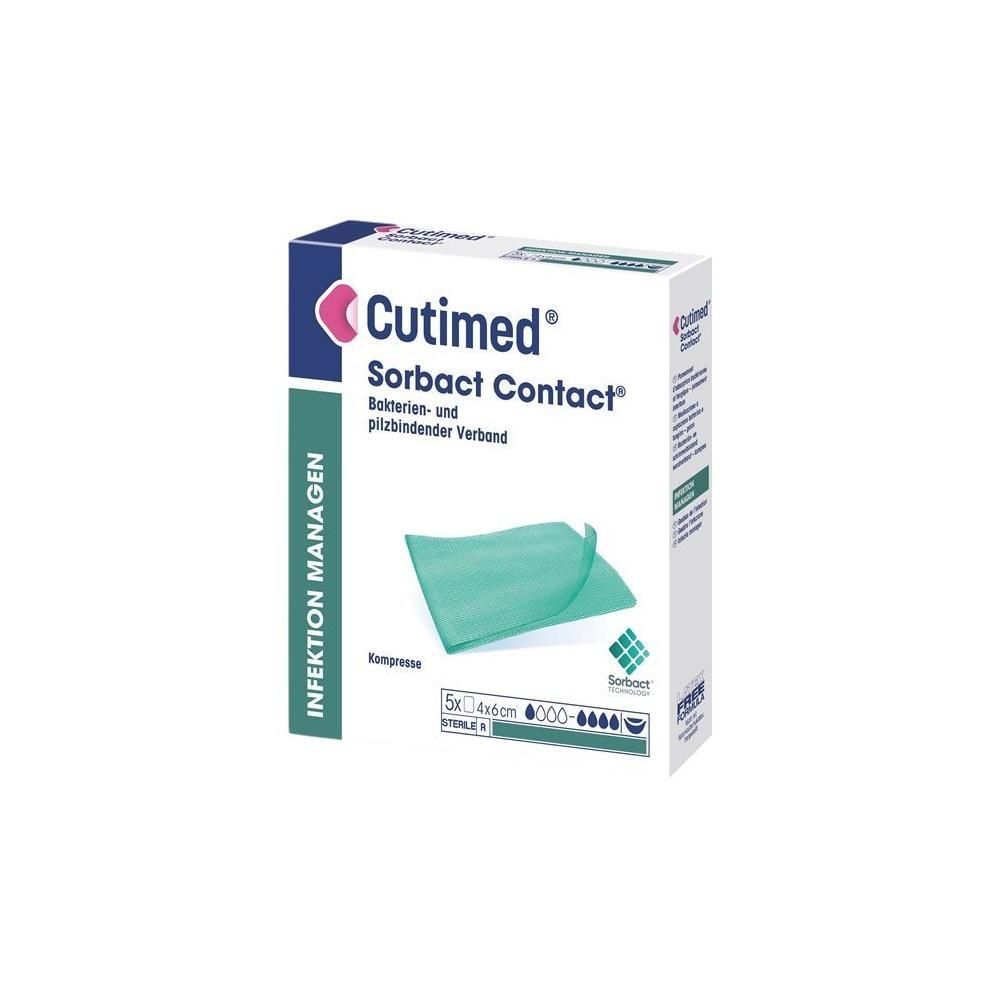 Verpackung von Cutimed Sorbact Kontakt. Enthält 5 sterile Kompressen, 4x6 cm. Grünliche Kompresse sichtbar.