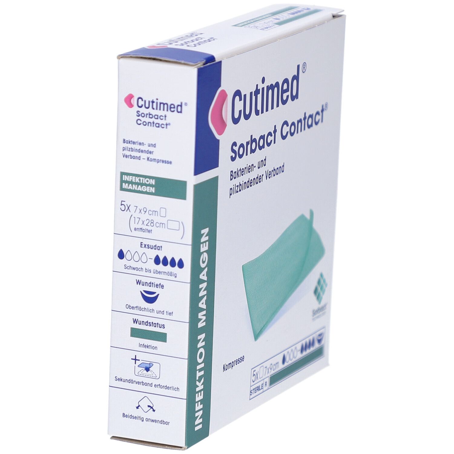 Emballage incliné de Cutimed Sorbact Contact. Impression : 5x7x9cm. Compresse verte visible. Texte : Gérer l'infection.
