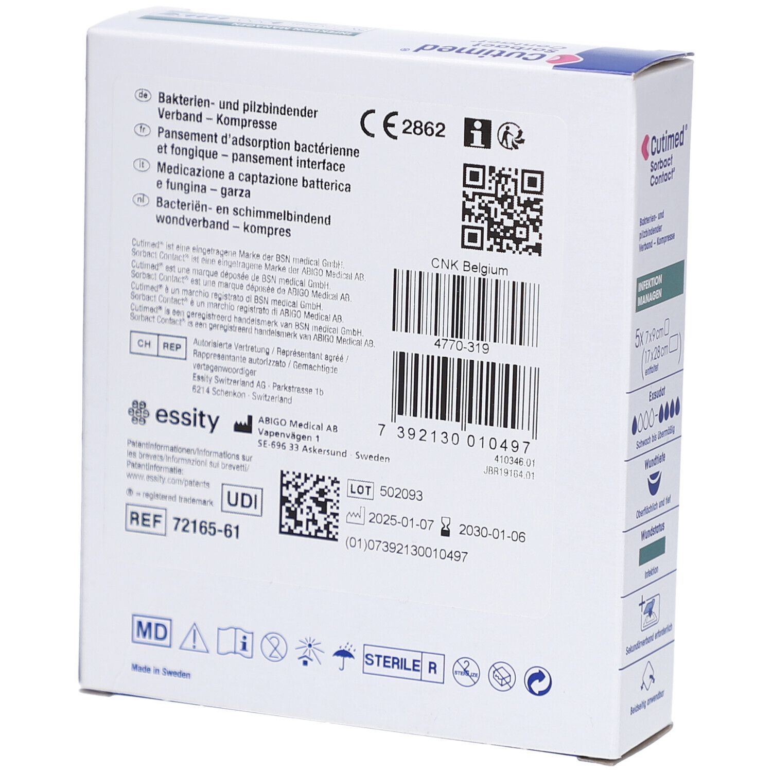 Dos de l'emballage de Cutimed Sorbact Contact. Texte multilingue. Code-barres et marquage CE.