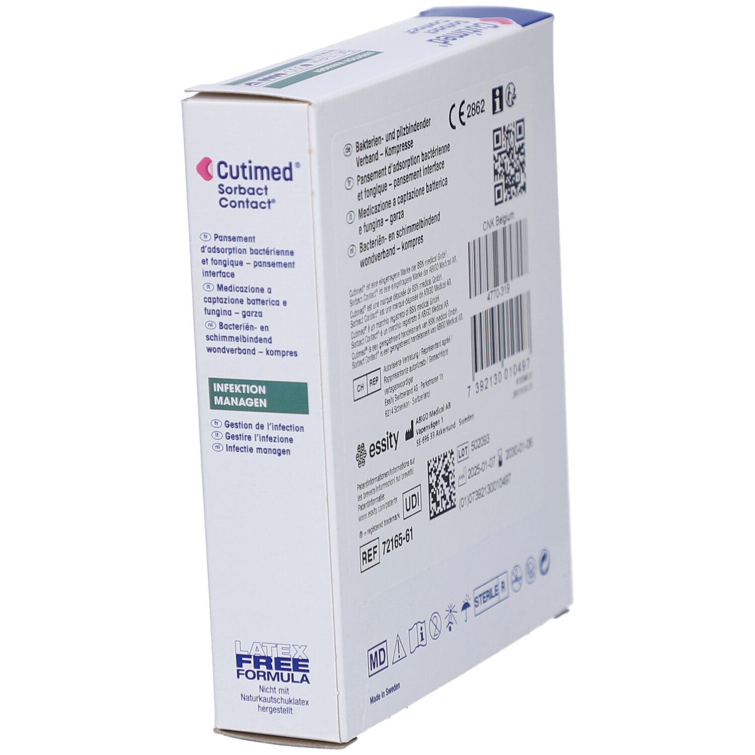Emballage incliné de Cutimed Sorbact Contact. Dos avec texte et marquage CE. Texte : Gérer l'infection.