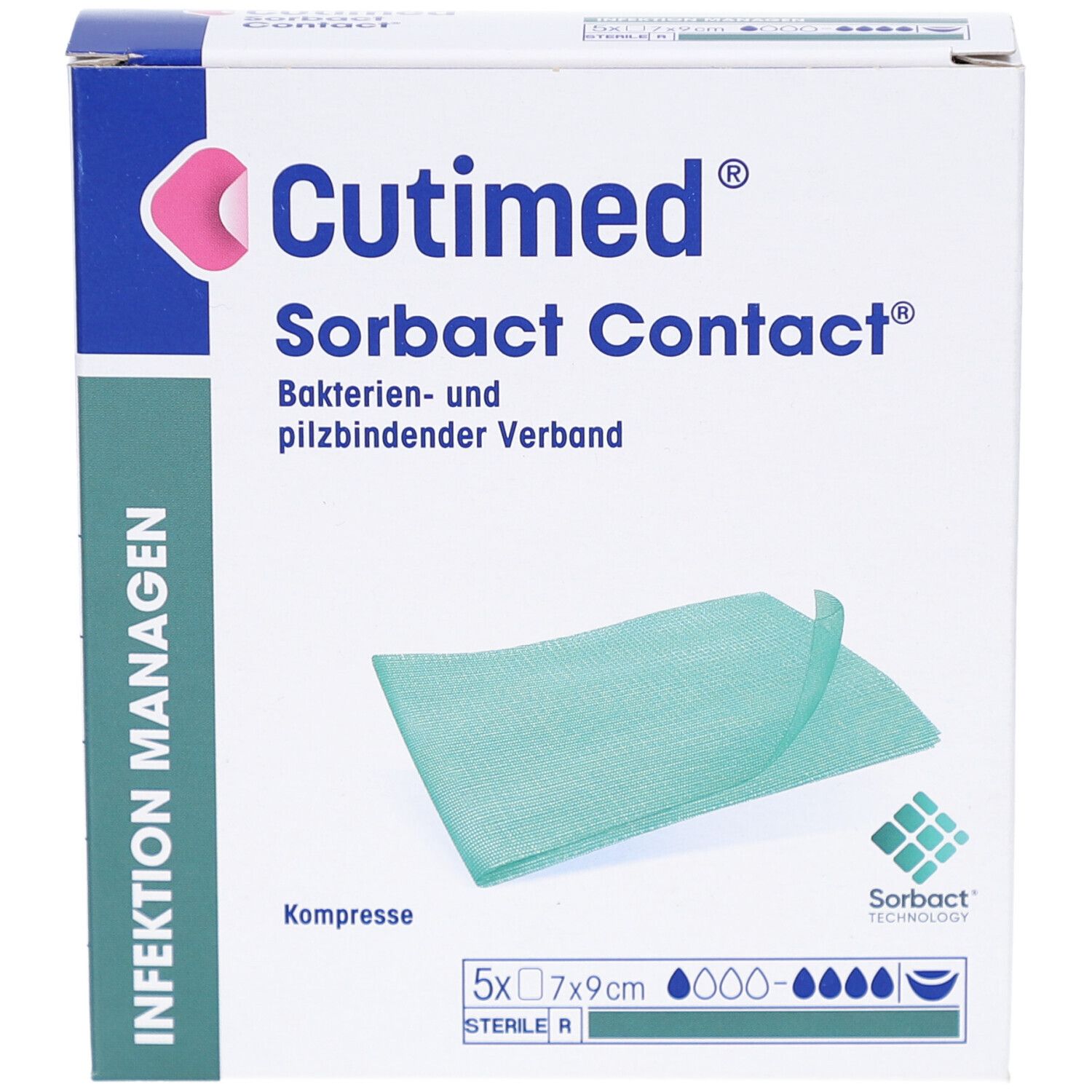 Emballage de Cutimed Sorbact Contact. Compresse verte à côté de l'emballage. Impression : 5x7x9cm.