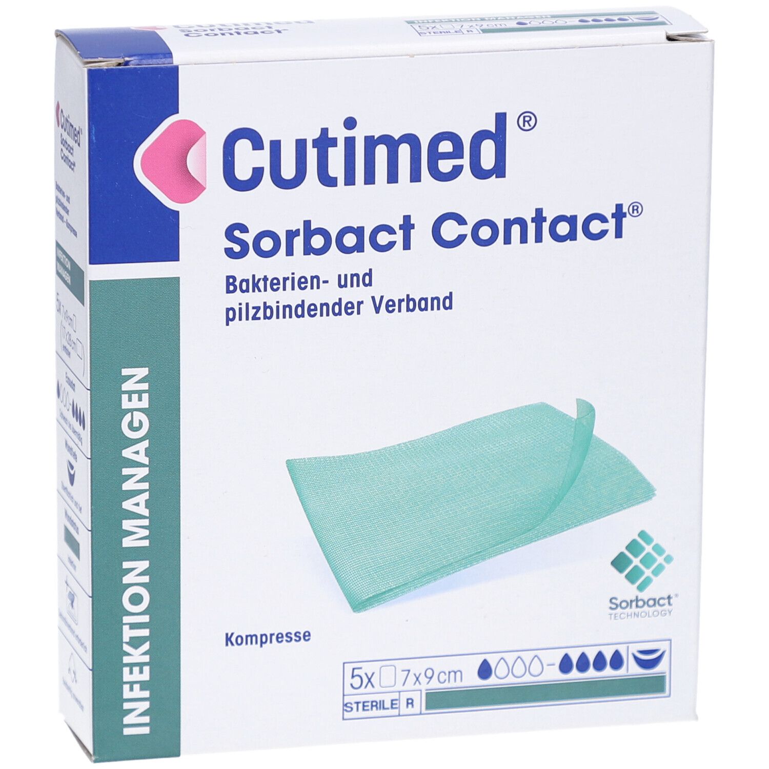 Emballage de Cutimed Sorbact Contact. Compresse verte à côté de l'emballage. Impression : 5x7x9cm.