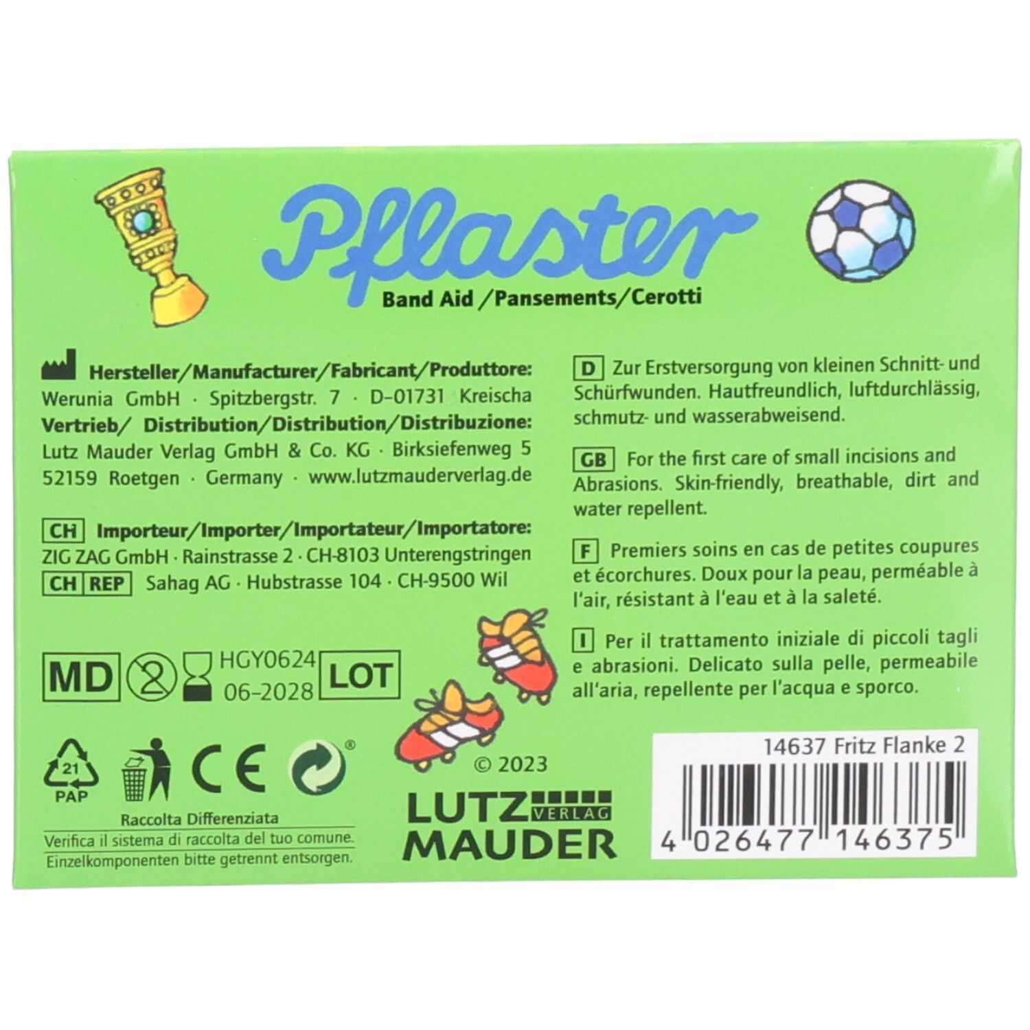Rückseite der Pflasterverpackung. Text: Hersteller, Inhaltsstoffe, Gebrauchsanweisung, Lutz Mauder. Mit CE-Kennzeichnung.