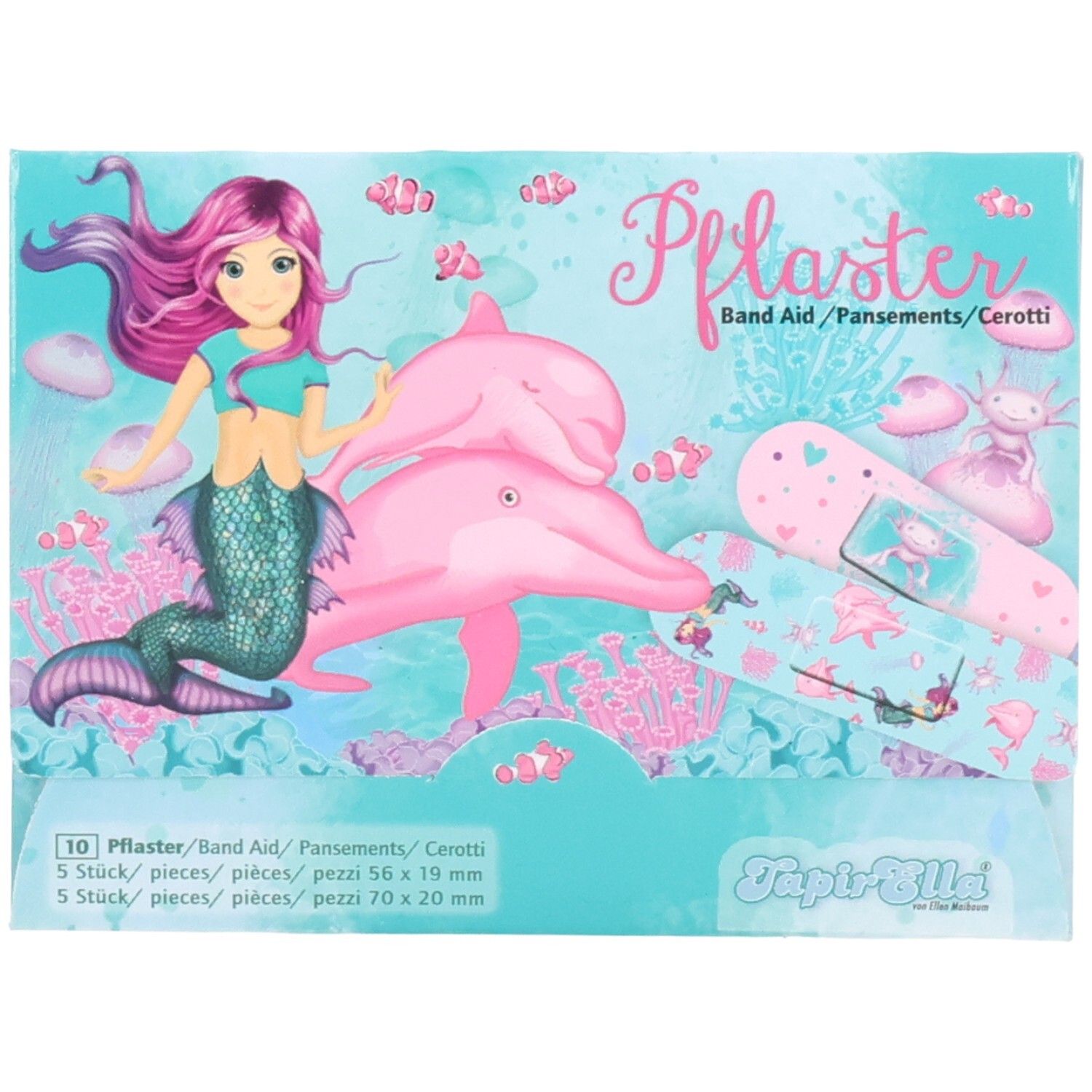 Emballage de pansements pour enfants. Motif sirène et dauphins. Contient 10 pansements de tailles variées.