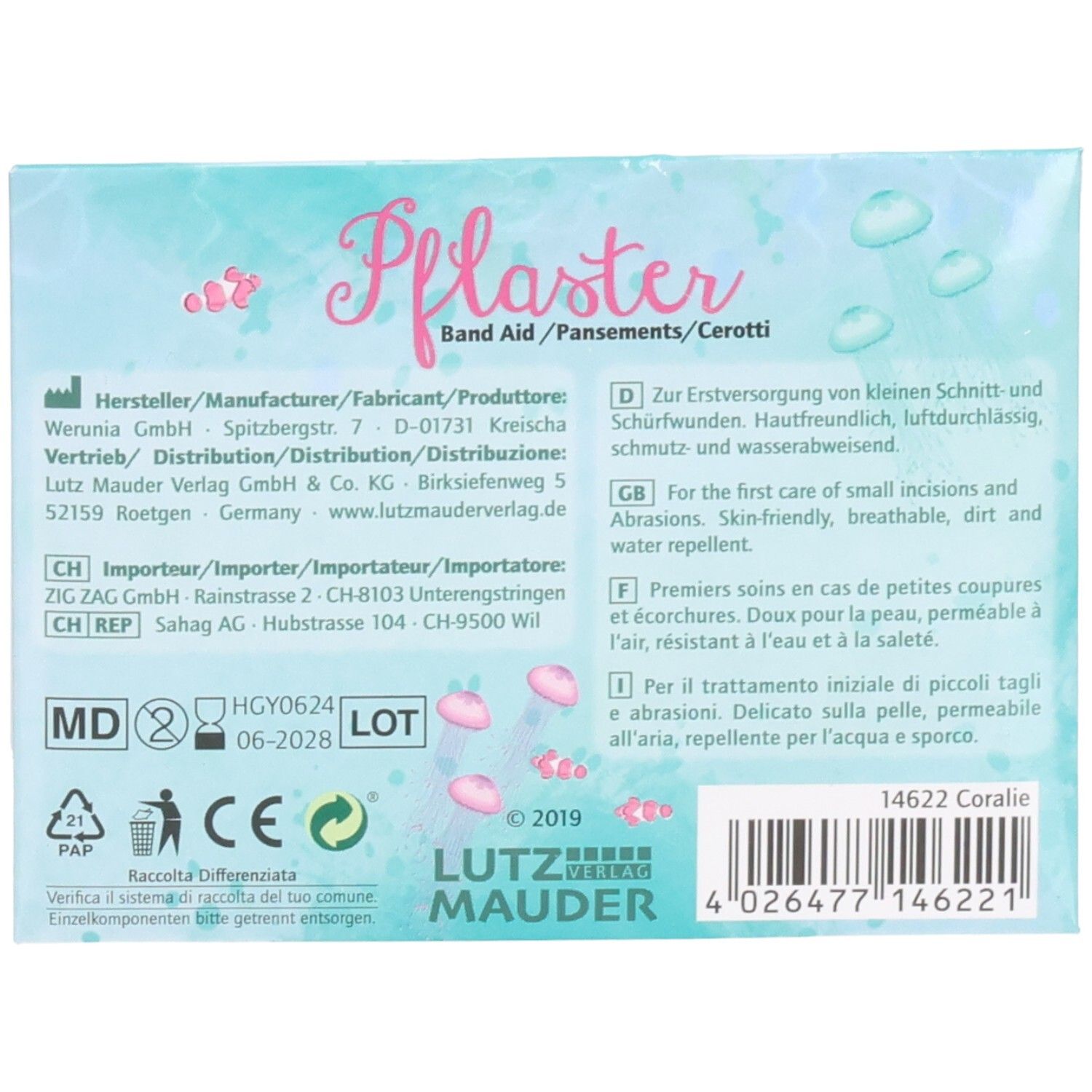 Dos de l'emballage des pansements. Informations textuelles, fabricant, numéro de lot et date de péremption.