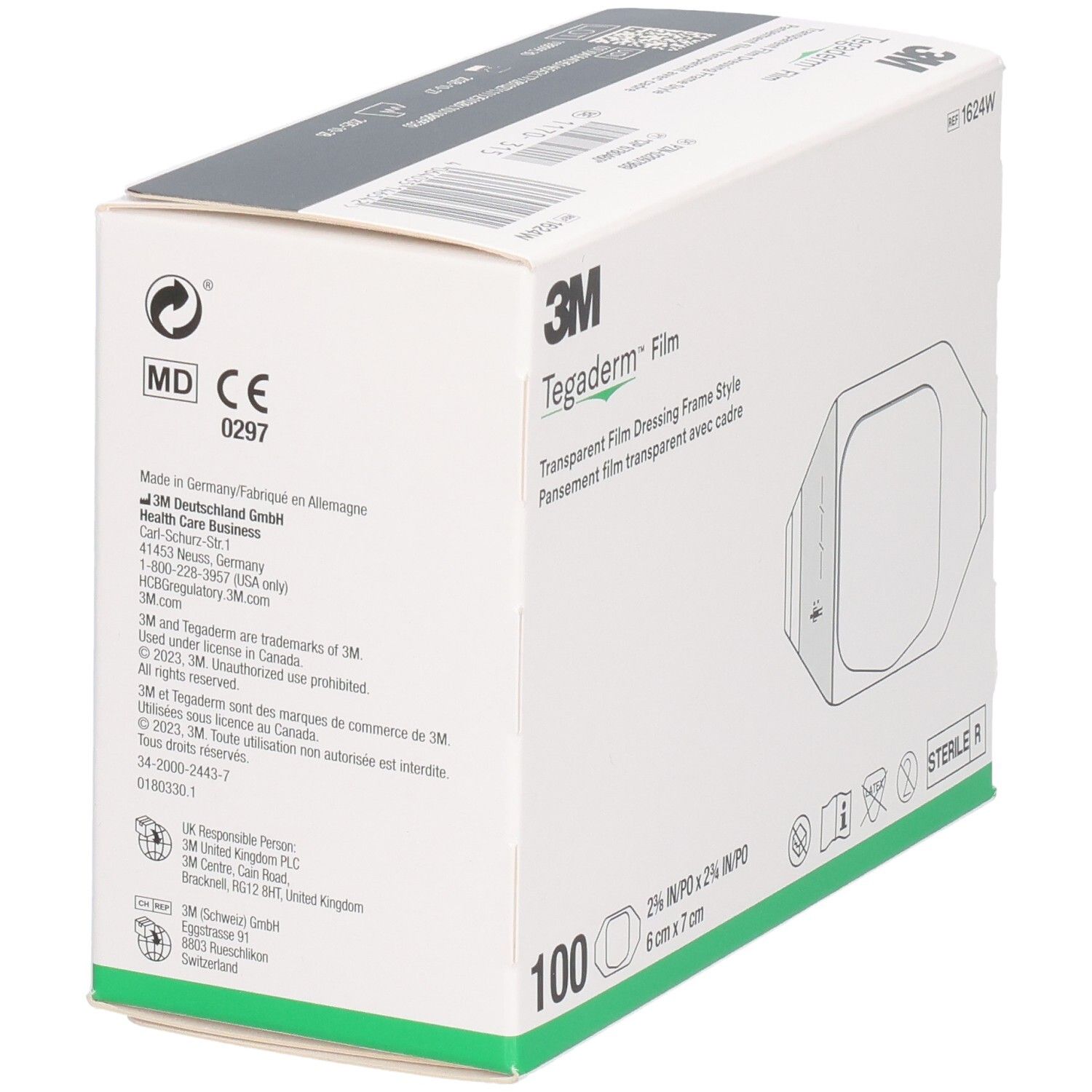 Verpackung von 3M Tegaderm Film. Aufdrucke: 3M, Tegaderm, sterile R, MD, CE 0297. Herstellerinformationen. 100 Stück, 6 x 7 cm.