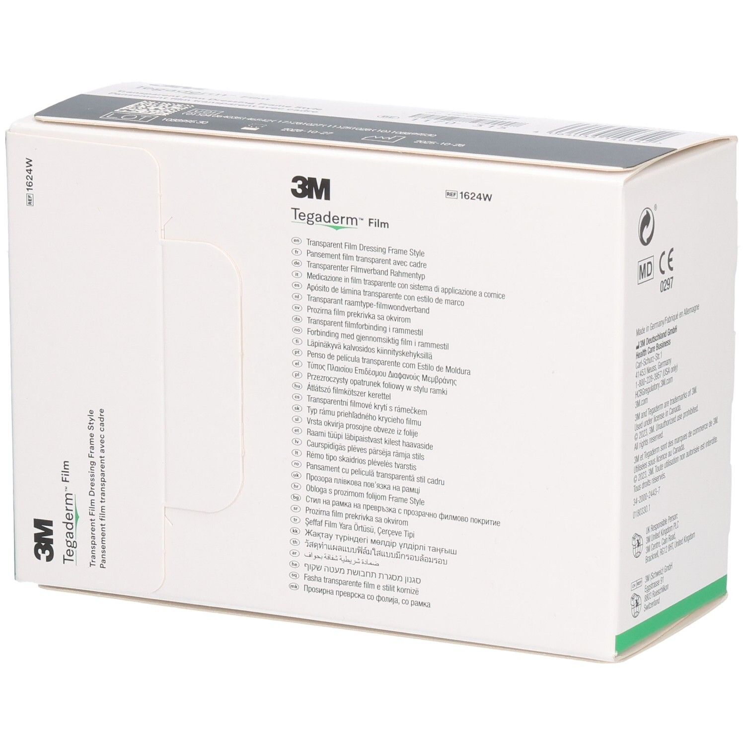 Rückseite der Verpackung von 3M Tegaderm Film. Mehrsprachige Produktinformationen. Aufdrucke: 3M, Tegaderm, sterile R, CE 0297.