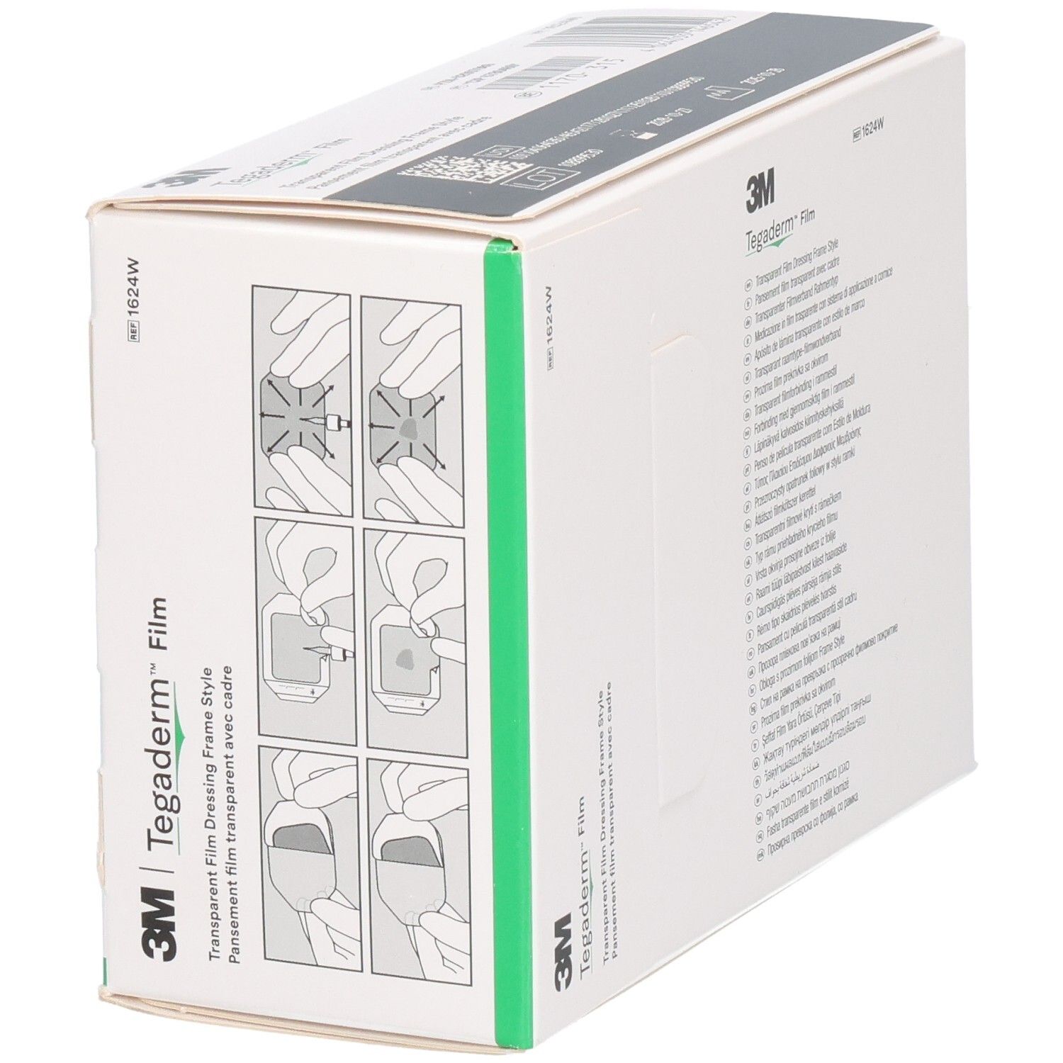 Verpackung von 3M Tegaderm Film. Abbildungen zur Anwendung. Aufdrucke: 3M, Tegaderm, sterile R, CE 0297. Grüne Seitenkante.