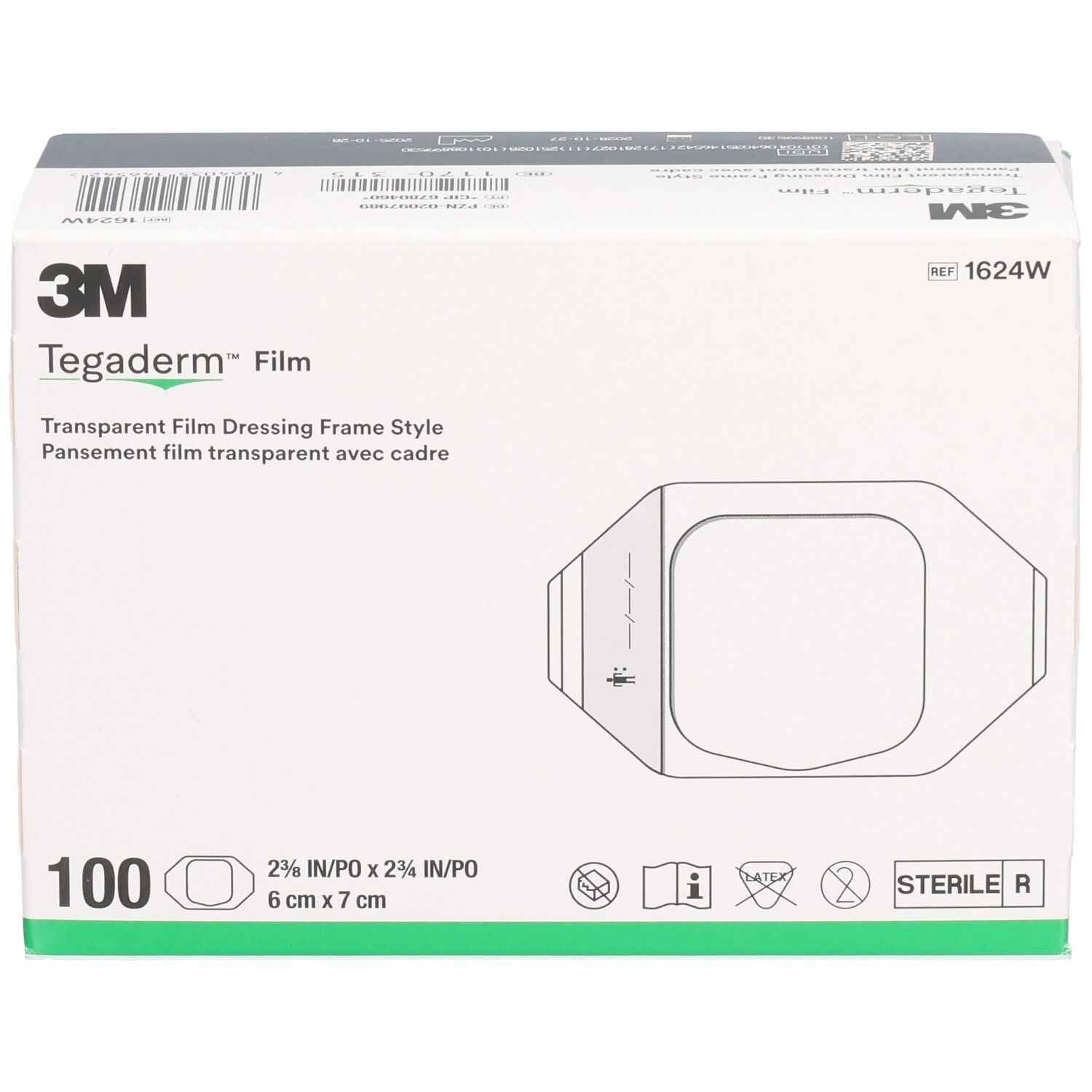 Verpackung von 3M Tegaderm Film. 100 Stück, 6 x 7 cm. Transparenter Filmverband mit Rahmen. Aufdrucke: 3M, Tegaderm, sterile R.