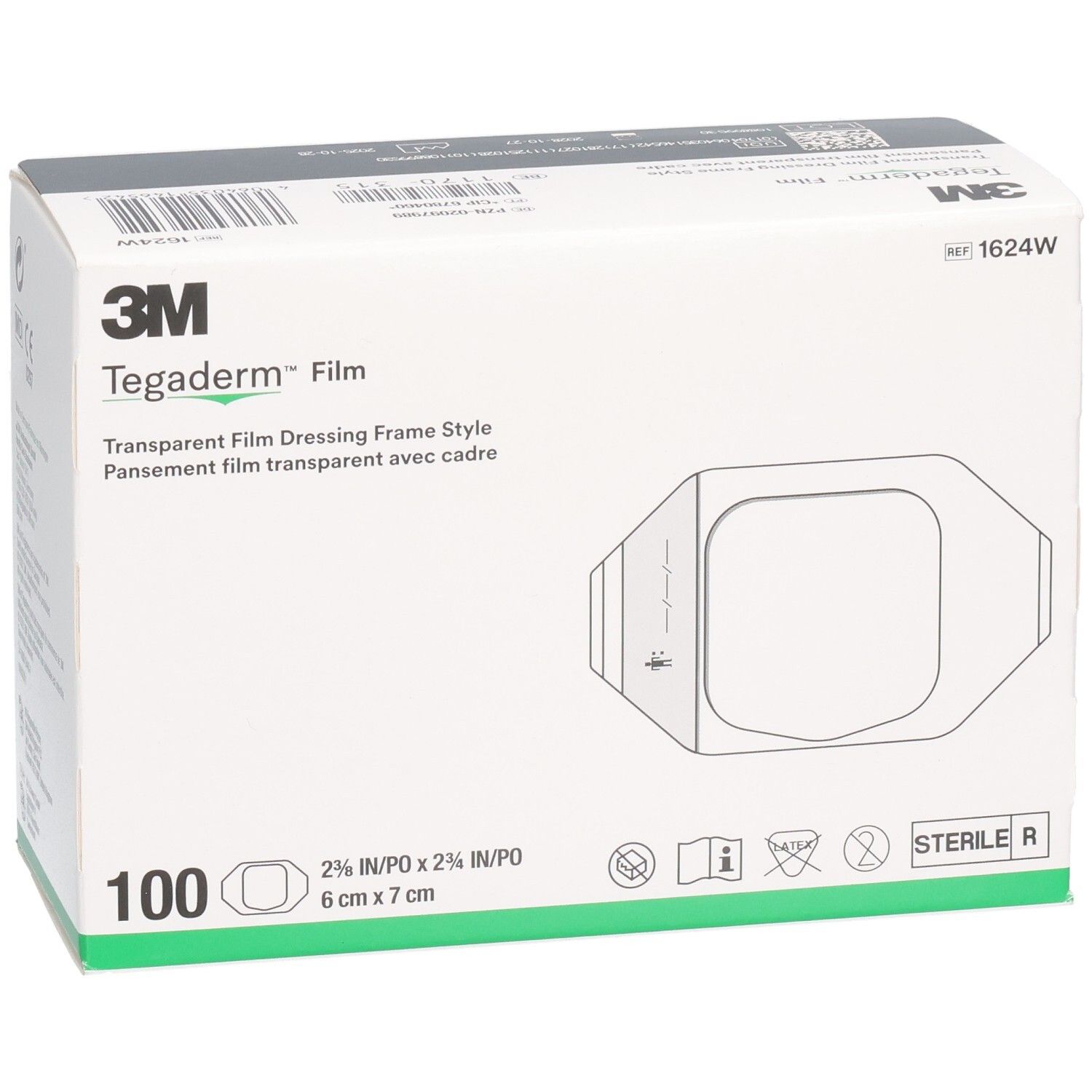 Verpackung von 3M Tegaderm Film. 100 Stück, 6 x 7 cm. Transparenter Filmverband mit Rahmen. Aufdrucke: 3M, Tegaderm, sterile R.