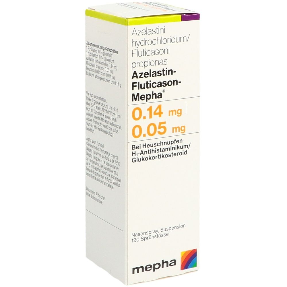 Nasenspray-Suspension. Aufschrift: Azelastin-Fluticason-Mepha, 0.14 mg, 0.05 mg. Marke: mepha. Verpackung mit Text.
