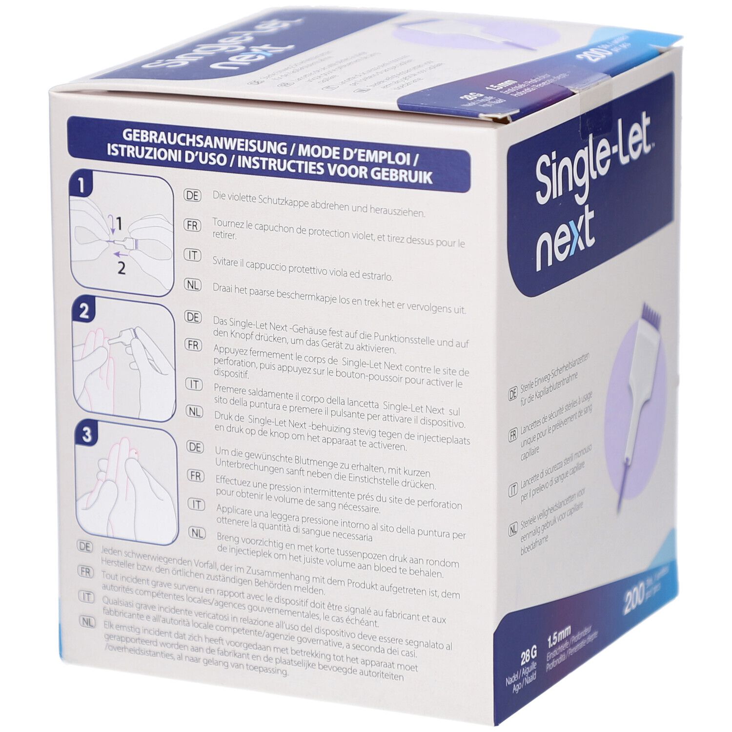 Dos de l'emballage. Instructions en allemand, italien, néerlandais et français. Illustrations d'utilisation.