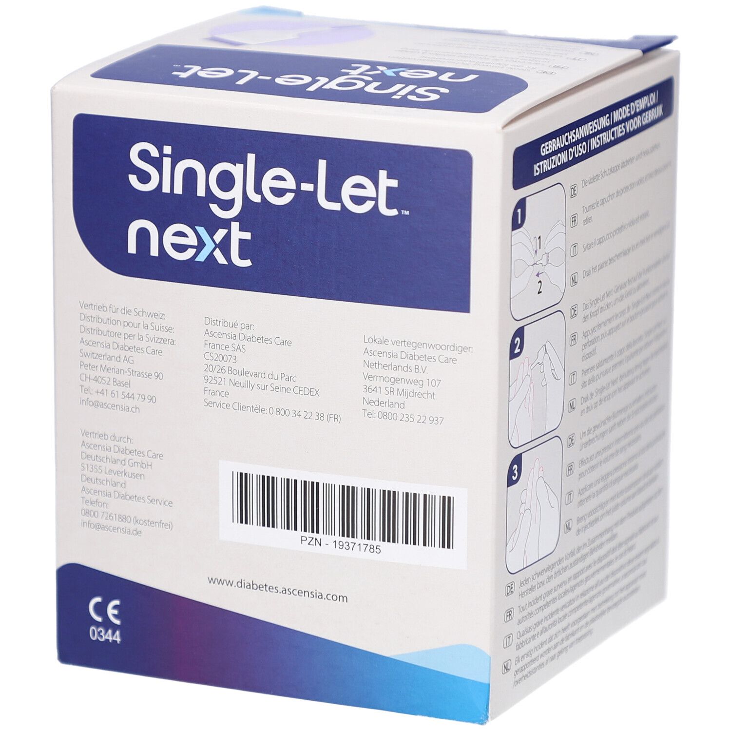 Dos de l'emballage. Nom du produit Single-Let next. Code-barres et coordonnées du fabricant. Marquage CE.