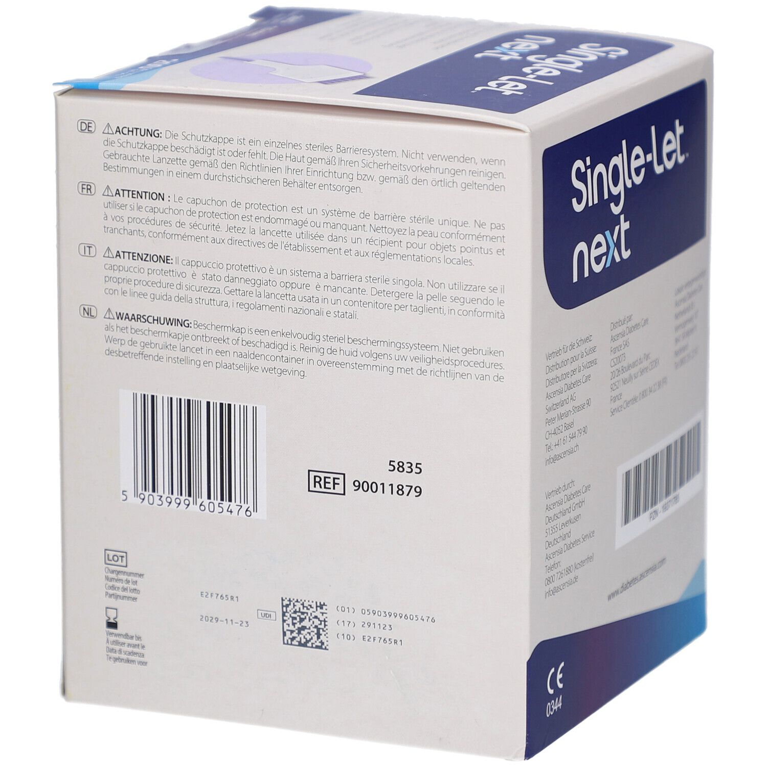 Dos de l'emballage. Avertissements et informations. Code-barres et numéro de référence. Marquage CE.