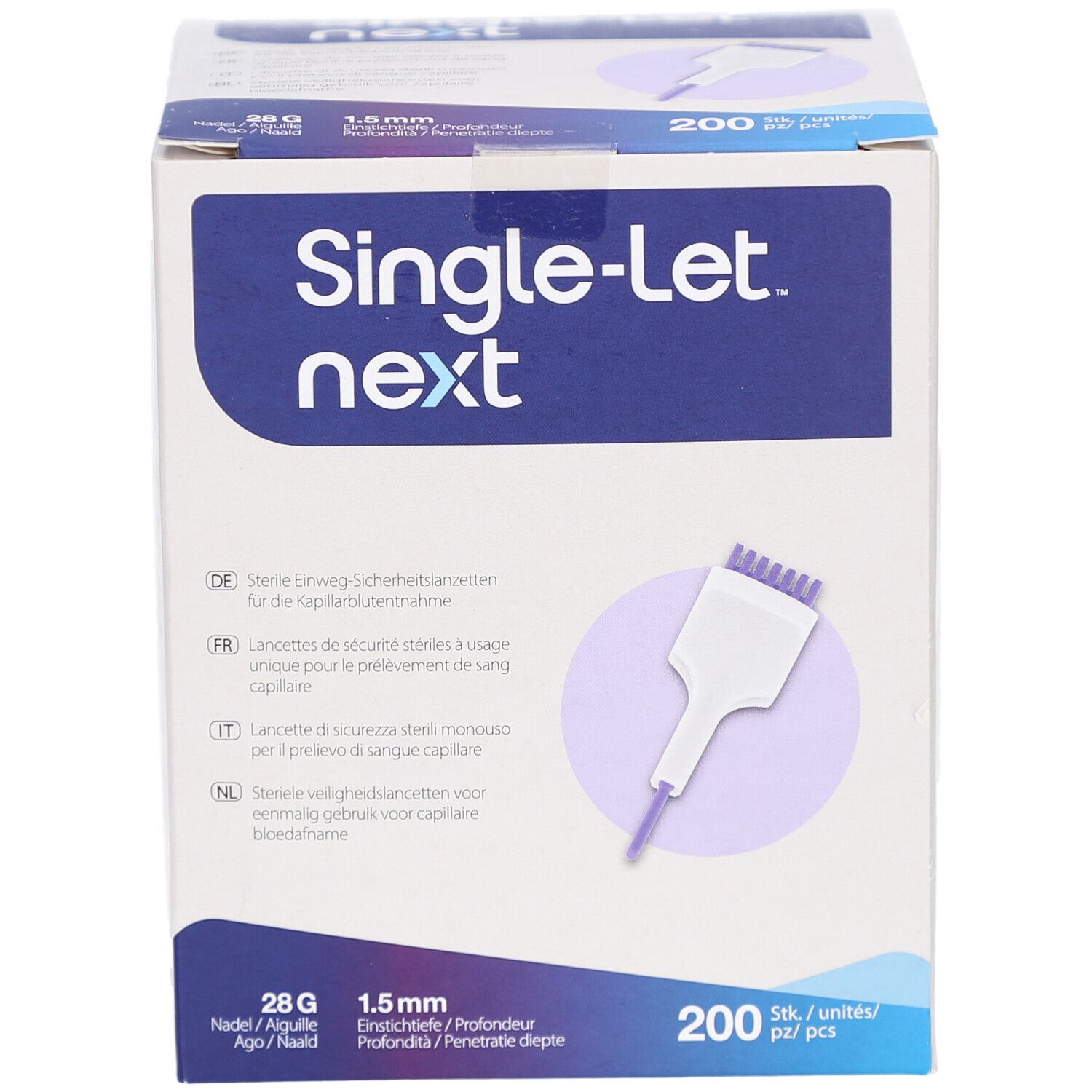Emballage du produit. Nom Single-Let next. 200 unités. Informations sur l'aiguille et la profondeur. Illustration du dispositif.