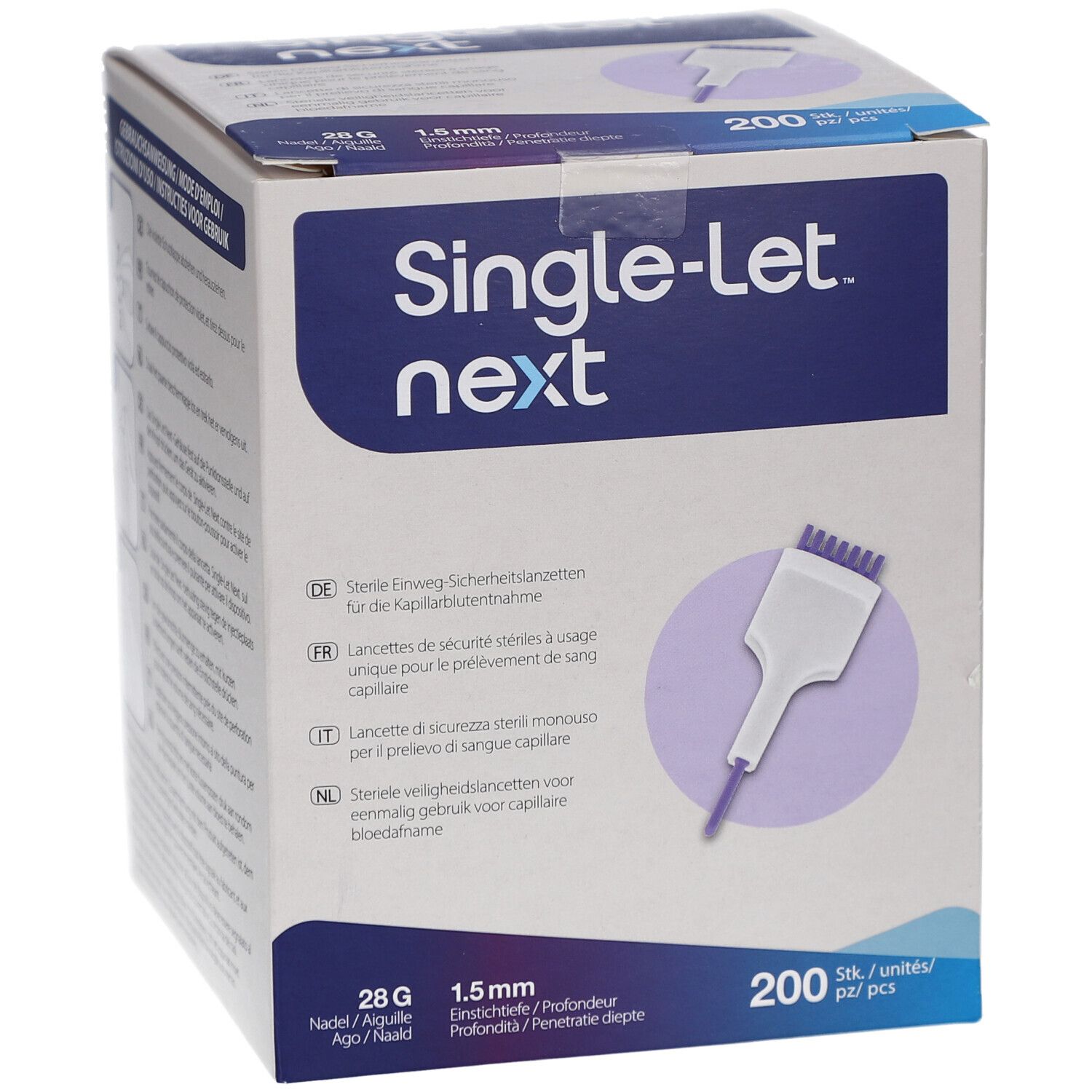 Emballage du produit. Nom Single-Let next. 200 unités. Informations sur l'aiguille et la profondeur. Illustration du dispositif.