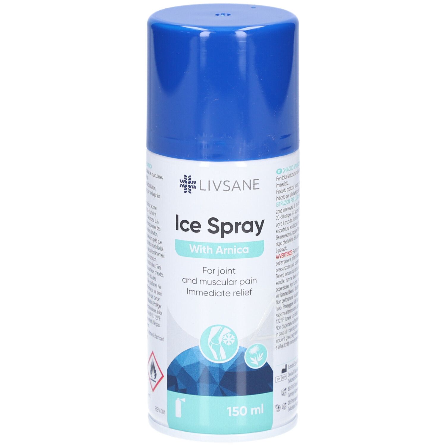 Bombe aérosol bleue et blanche. LIVSANE Ice Spray avec Arnica. Pour douleurs articulaires et musculaires. Soulagement immédiat. 150 ml.