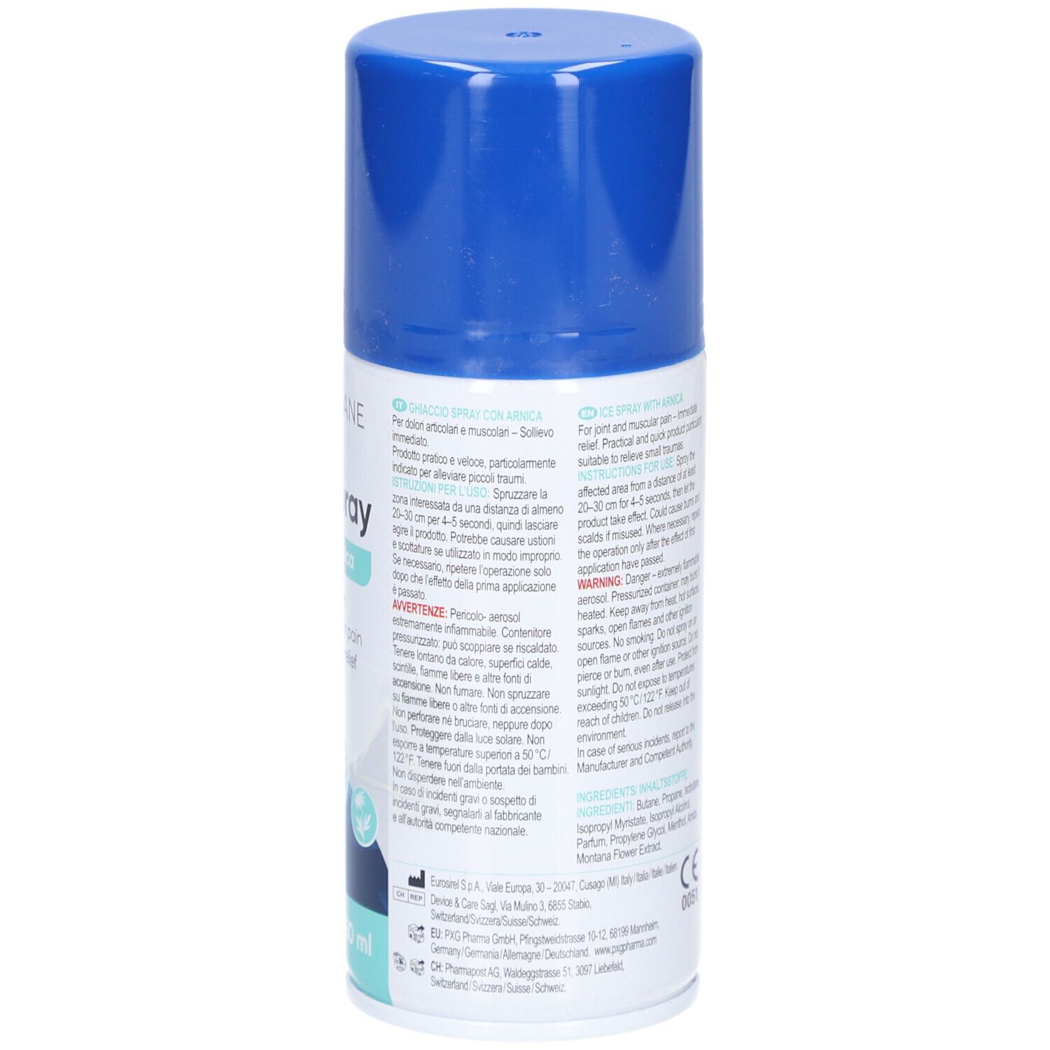 Dos de la bombe aérosol. LIVSANE Ice Spray avec Arnica. Texte en allemand, français, italien et néerlandais. Mode d'emploi.