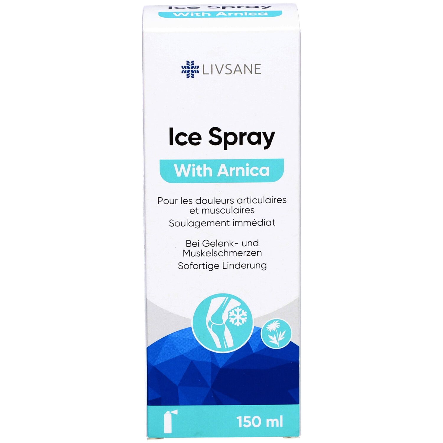 Emballage blanc. LIVSANE Ice Spray avec Arnica. Pour douleurs articulaires et musculaires. Soulagement immédiat. 150 ml.