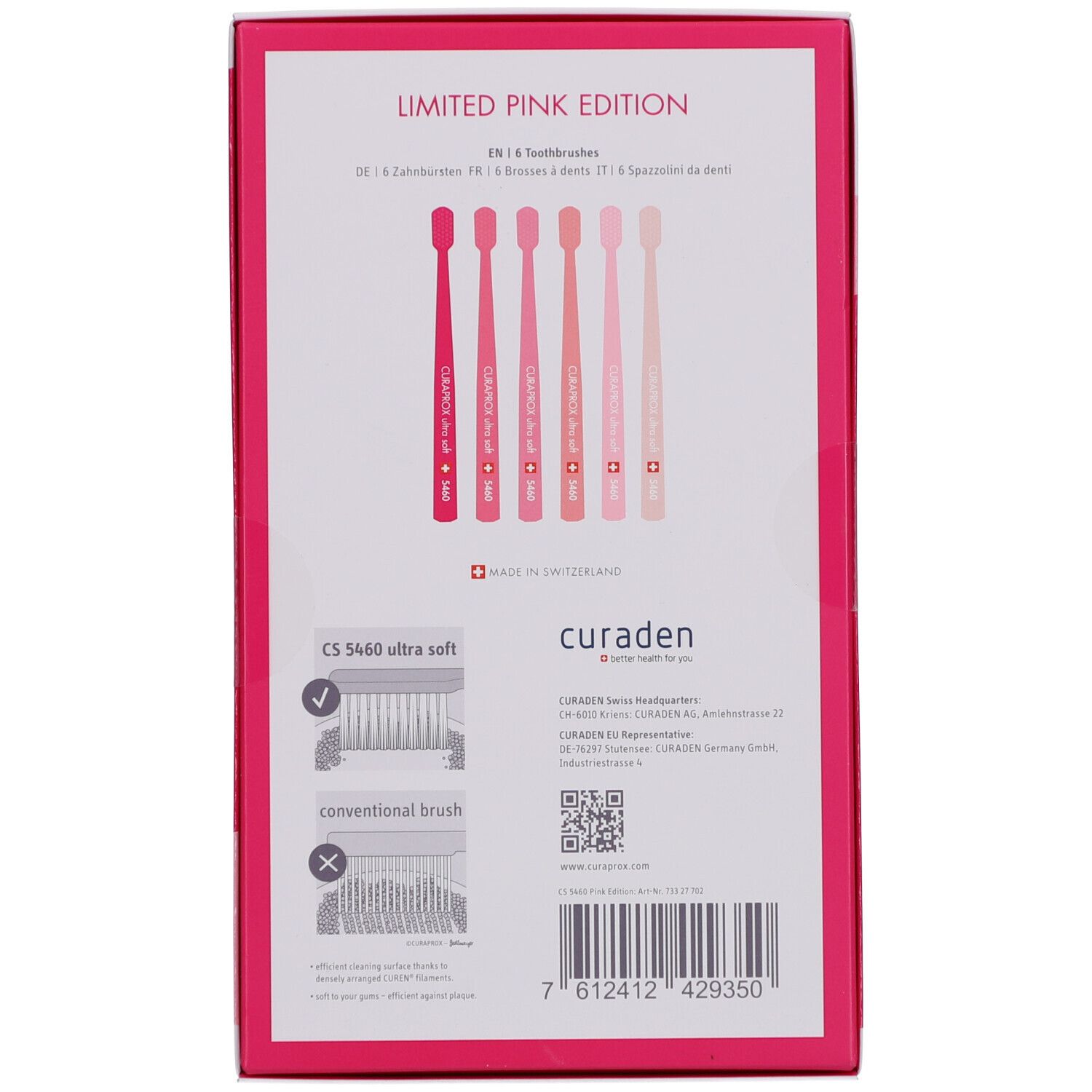 Rückseite der Verpackung mit 6 rosa Zahnbürsten. Text: LIMITED PINK EDITION, CURADEN, CS 5460 ultra soft.