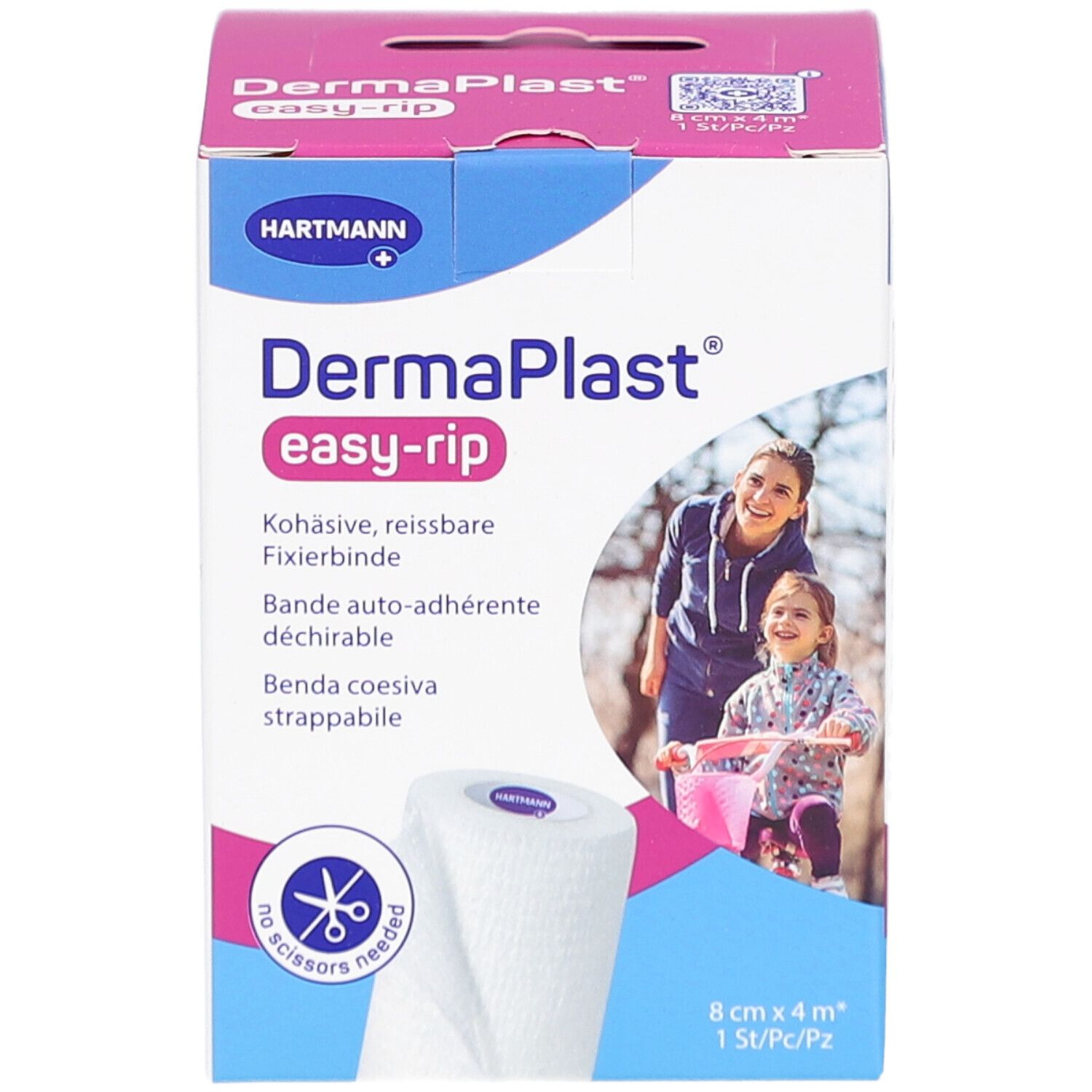 Verpackung von DERMAPLAST® easy-rip. Vorderseite mit Produktnamen, Marke HARTMANN und Abbildung einer Bandage. Größe: 8 cm x 4 m.