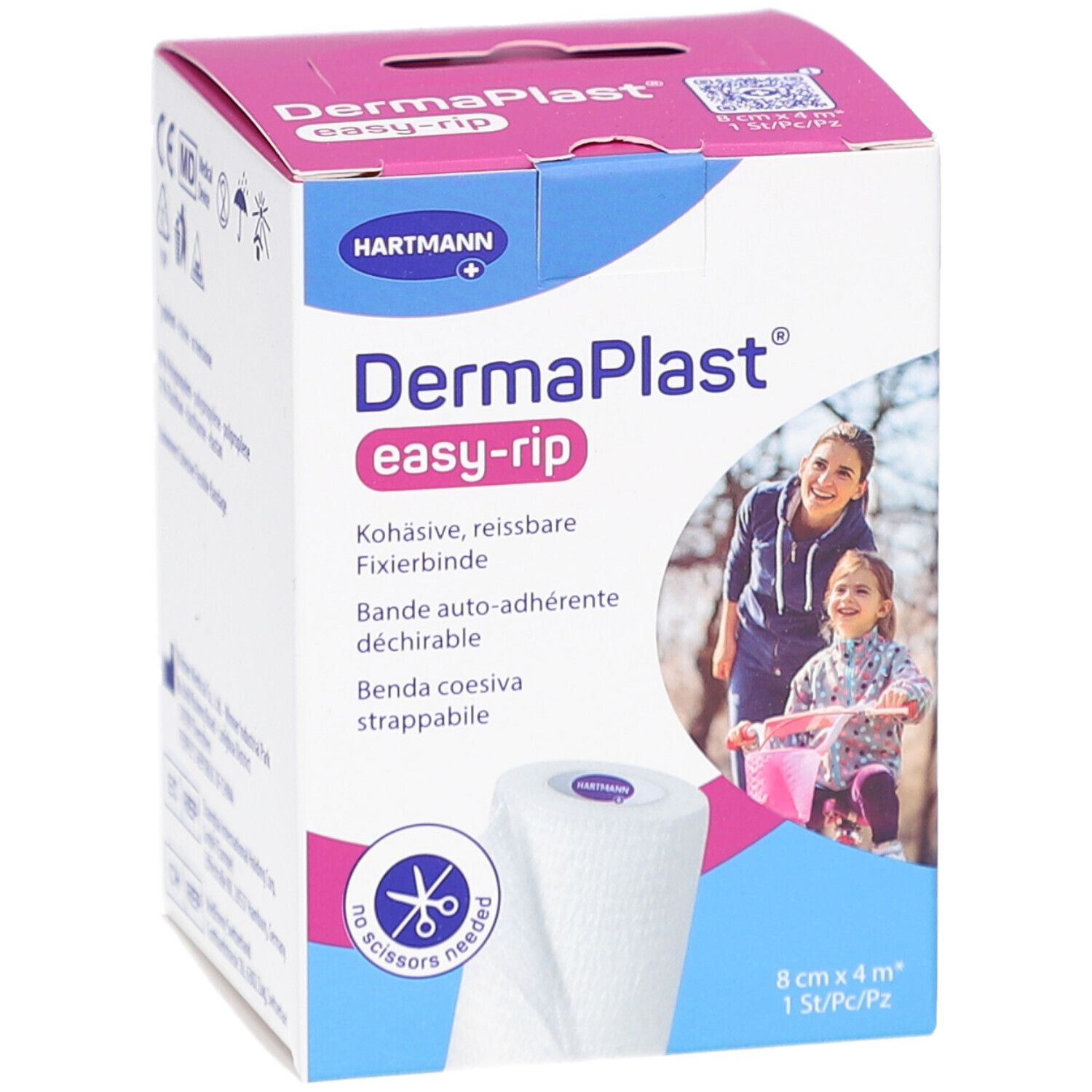 Verpackung von DERMAPLAST® easy-rip. Vorderseite mit Produktnamen, Marke HARTMANN und Abbildung einer Bandage. Größe: 8 cm x 4 m.