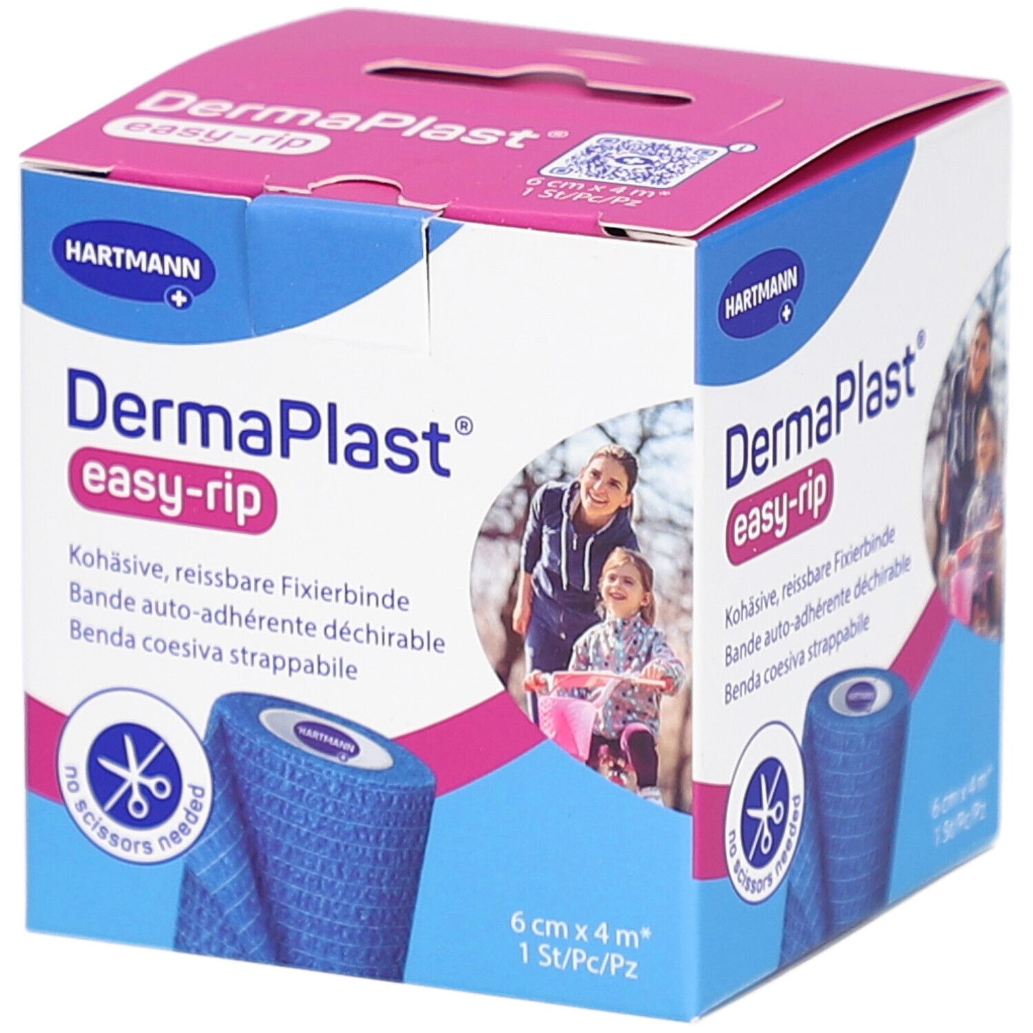 Karton mit blauem Verband. Aufschrift: DermaPlast easy-rip. 6 cm x 4 m. Hartmann Logo. Bild von Mutter und Kind.