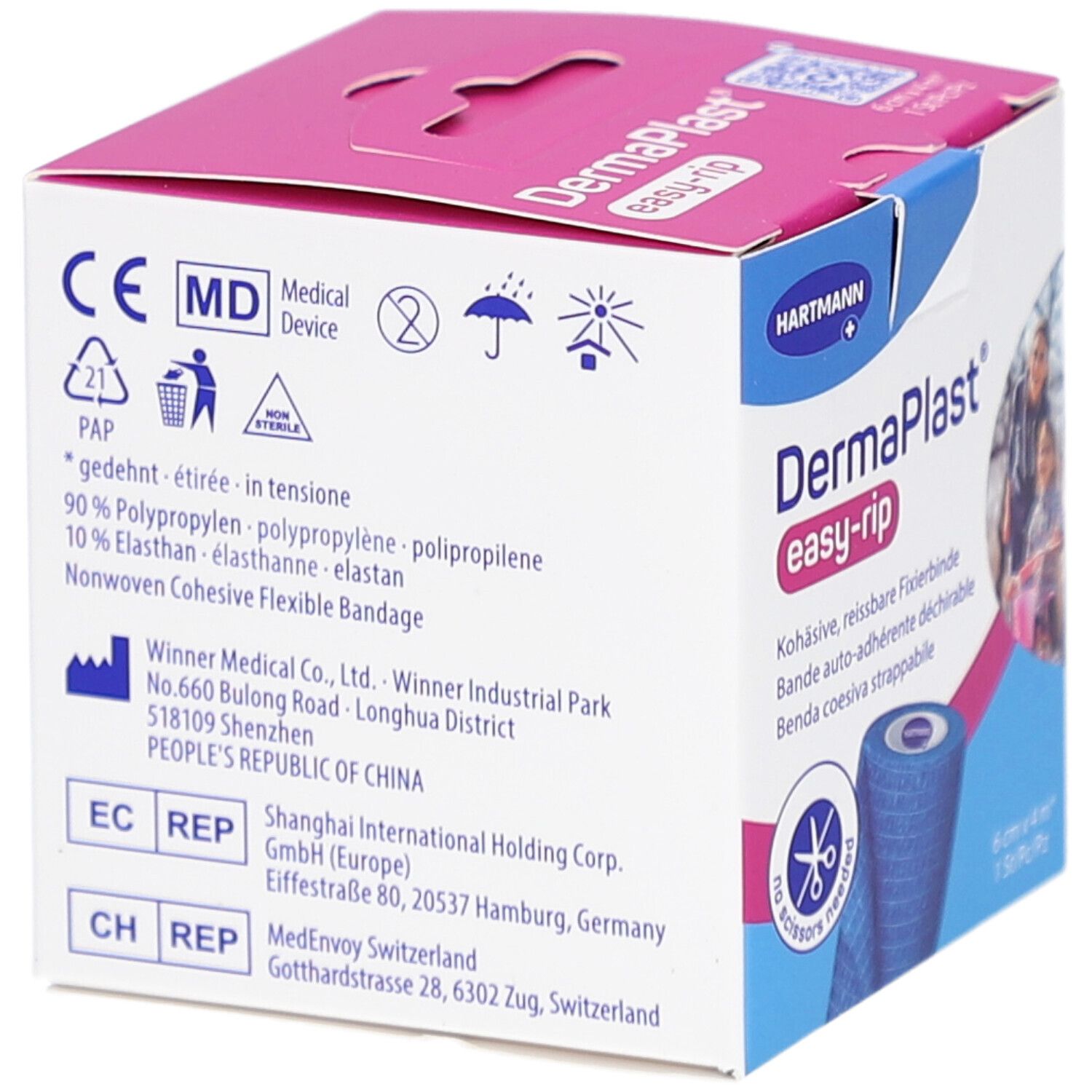 Karton mit Produktinformationen. Aufschrift: DermaPlast easy-rip. Medizinprodukt. Herstellerinformationen. CE-Kennzeichnung.