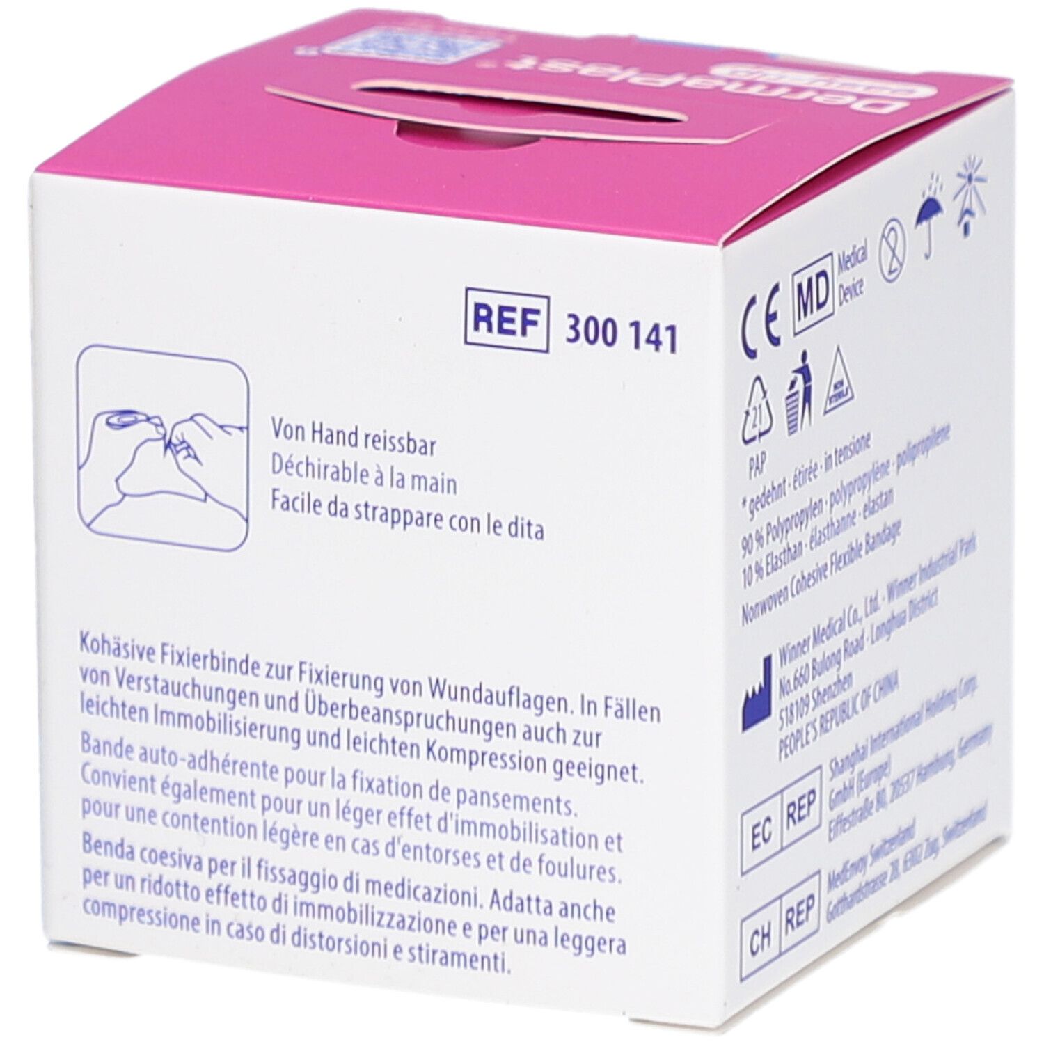 Karton mit Produktinformationen. Aufschrift: DermaPlast easy-rip. Von Hand reissbar. REF 300 141. Medizinprodukt.
