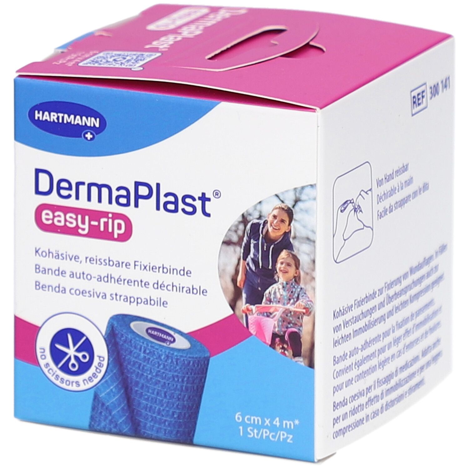 Karton mit blauem Verband. Aufschrift: DermaPlast easy-rip. 6 cm x 4 m. Hartmann Logo. Bild von Mutter und Kind.