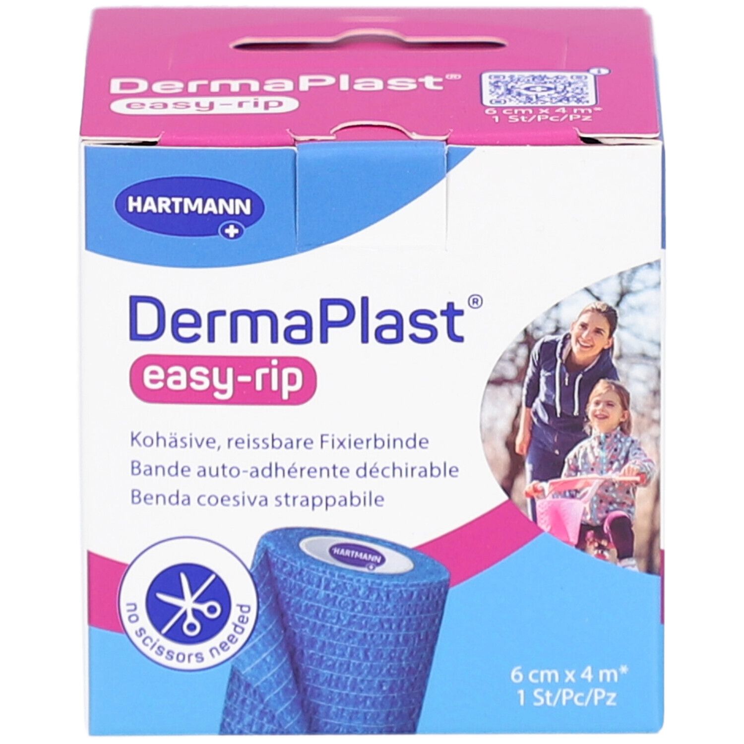 Karton mit blauem Verband. Aufschrift: DermaPlast easy-rip. 6 cm x 4 m. Hartmann Logo. Bild von Mutter und Kind.