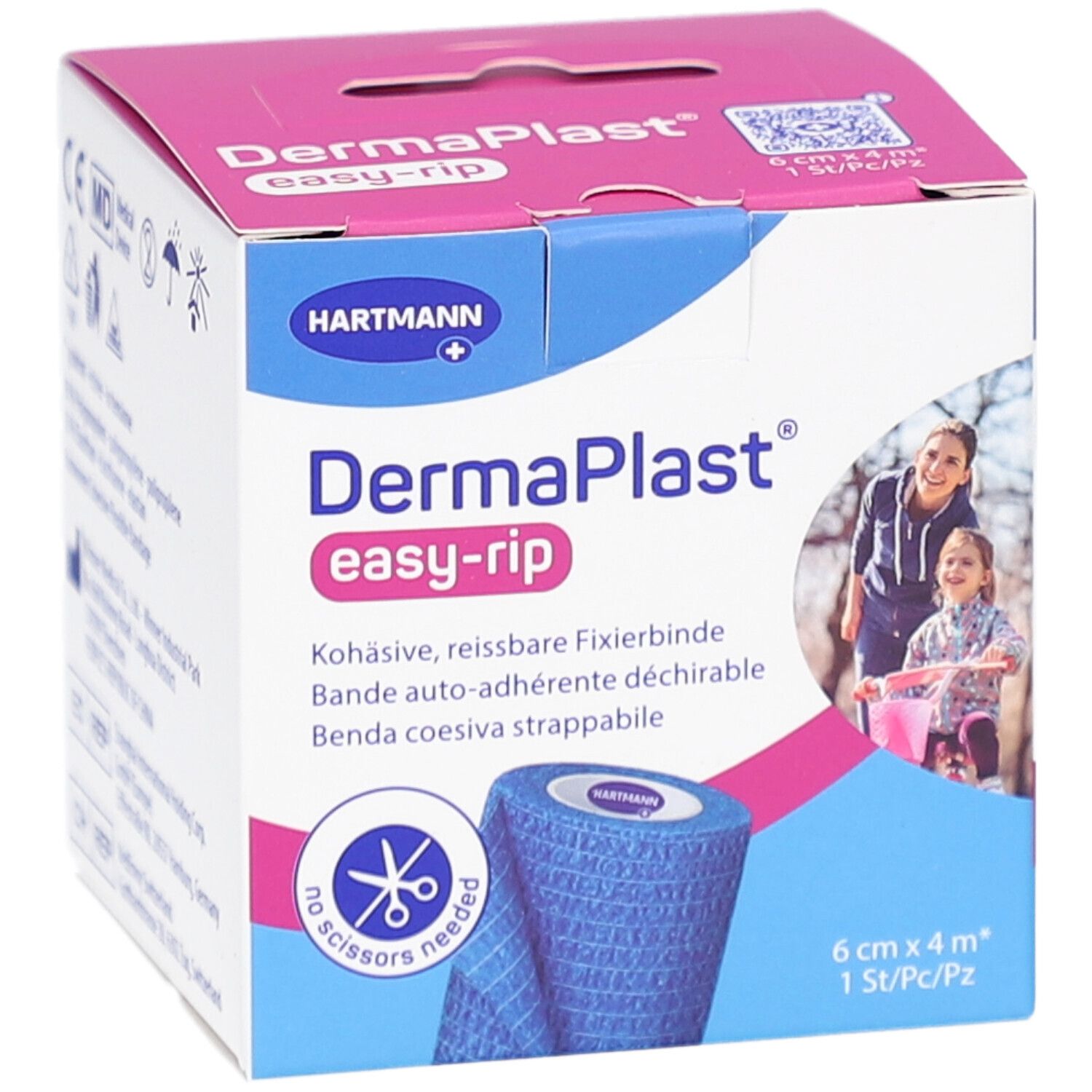 Karton mit blauem Verband. Aufschrift: DermaPlast easy-rip. 6 cm x 4 m. Hartmann Logo. Bild von Mutter und Kind.