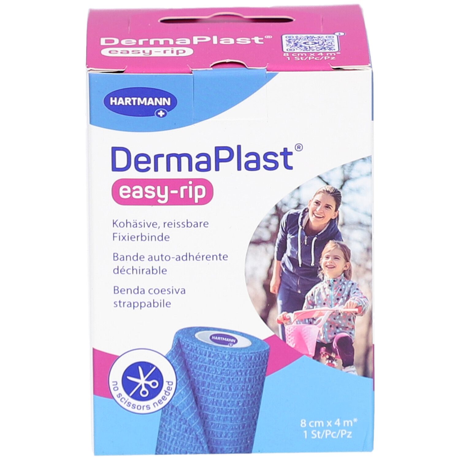 Blaues DERMAPLAST easy-rip Verband, 8cm x 4m, in einer Verpackung. Aufdrucke: Hartmann, Kohäsive Fixierbinde, Benda coesiva strappable.