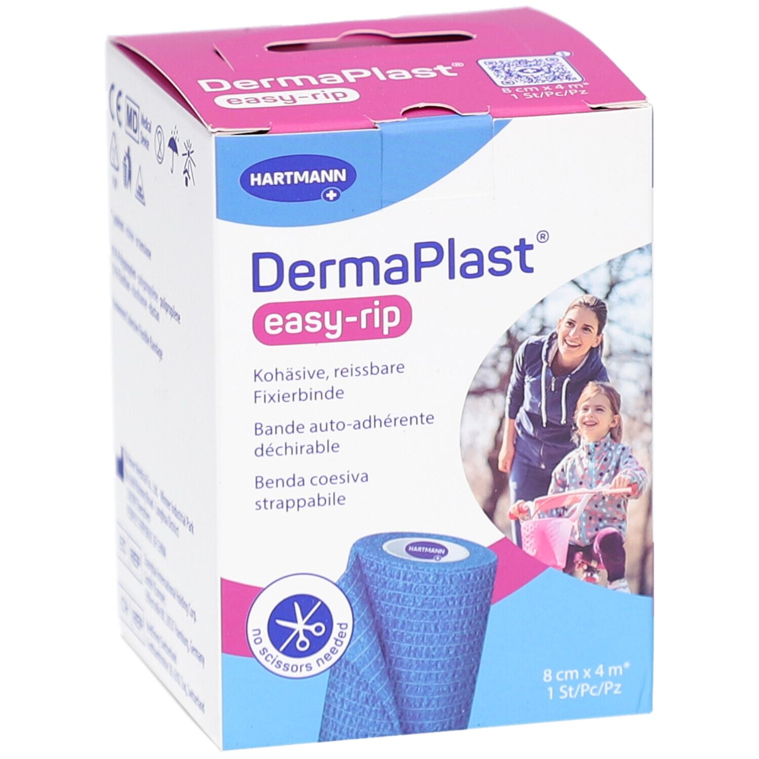 Blaues DERMAPLAST easy-rip Verband, 8cm x 4m, in einer Verpackung. Aufdrucke: Hartmann, Kohäsive Fixierbinde, Benda coesiva strappable.