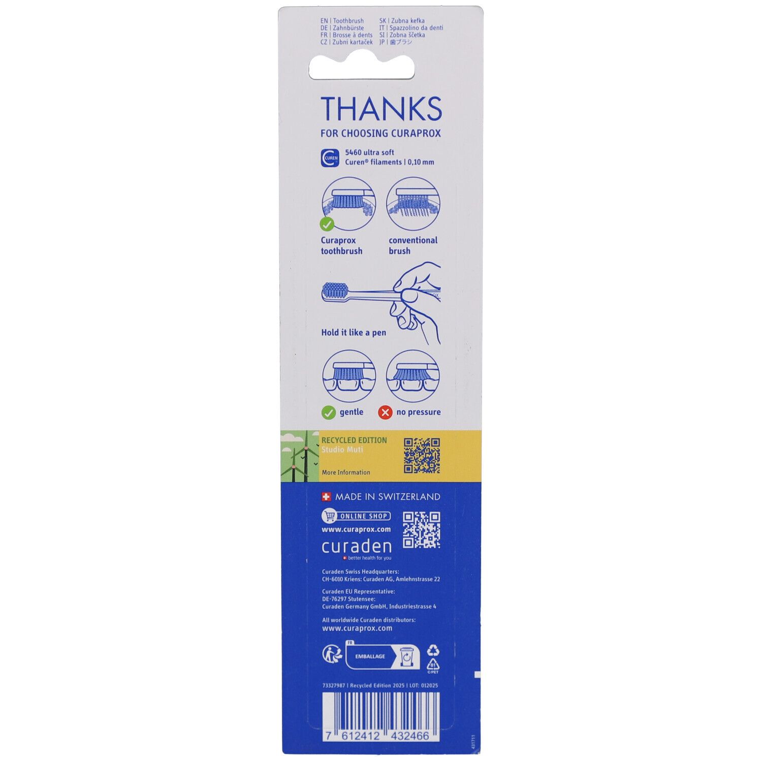 Rückseite der Verpackung mit Text und Illustrationen. Enthält Informationen zu CURAPROX Zahnbürsten und der Recycled Edition.
