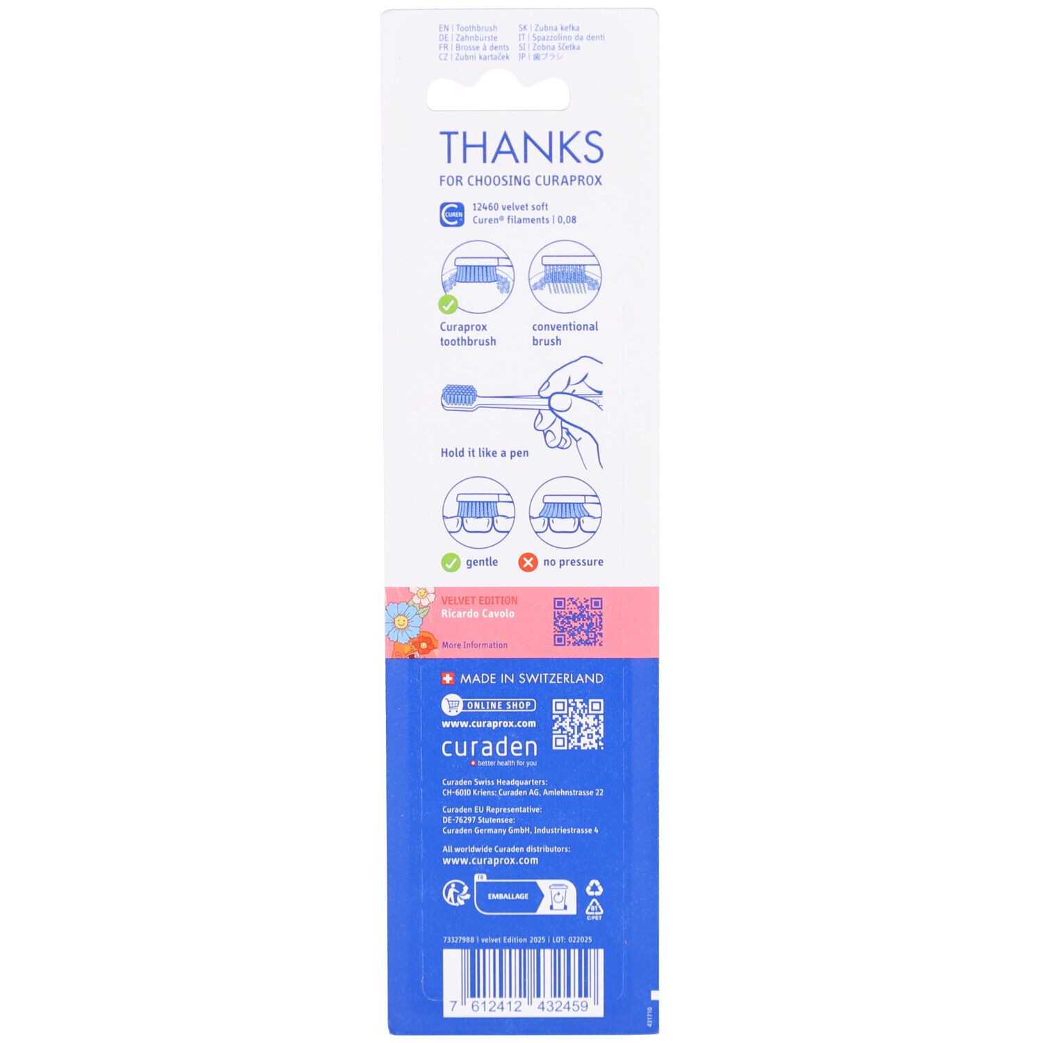 Dos de l'emballage blister. Texte : 'THANKS FOR CHOOSING CURAPROX'. Instructions et logos.