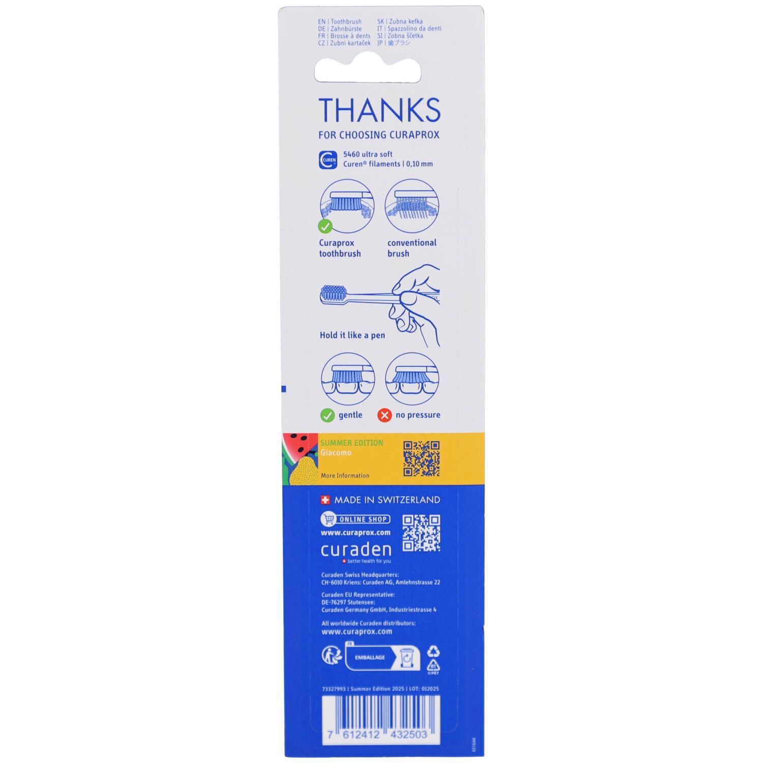 Rückseite der Verpackung. Text: THANKS FOR CHOOSING CURAPROX. Illustrationen zur Anwendung. QR-Code und Logo.