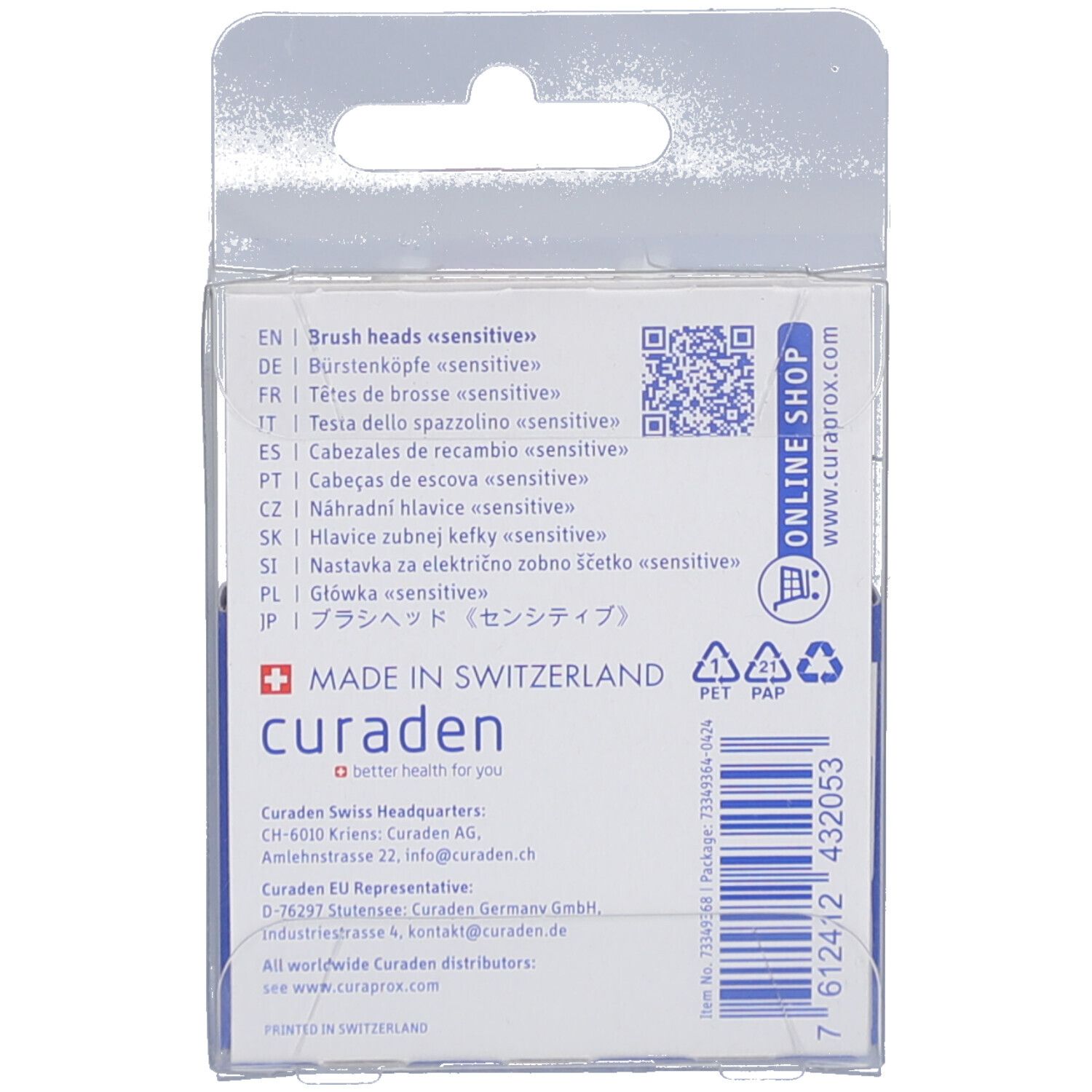 Rückseite der Verpackung mit Text in mehreren Sprachen. Logo und Kontaktinformationen von Curaden. Recycling-Symbole.