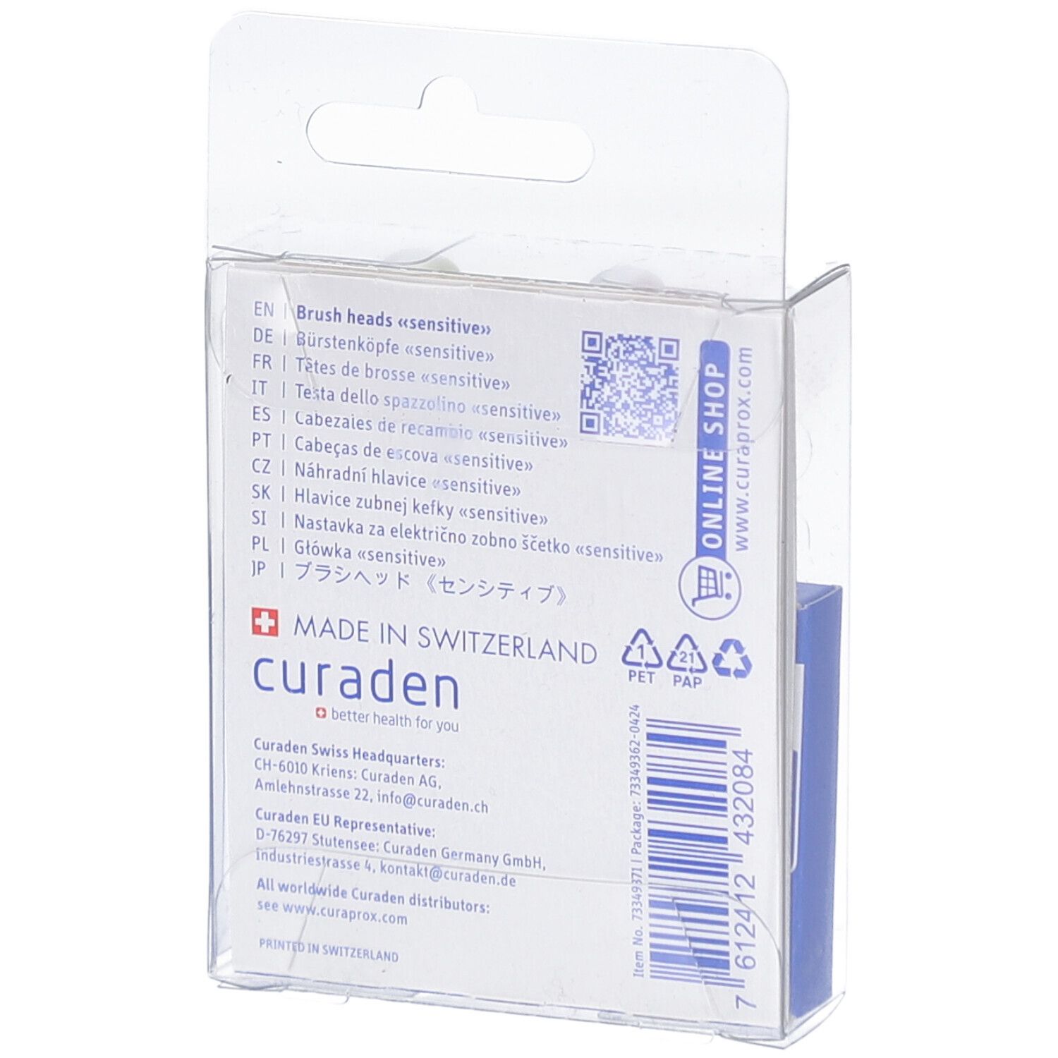 Rückseite der Verpackung mit Text. Enthält Informationen in mehreren Sprachen, QR-Code und Curaden-Logo.