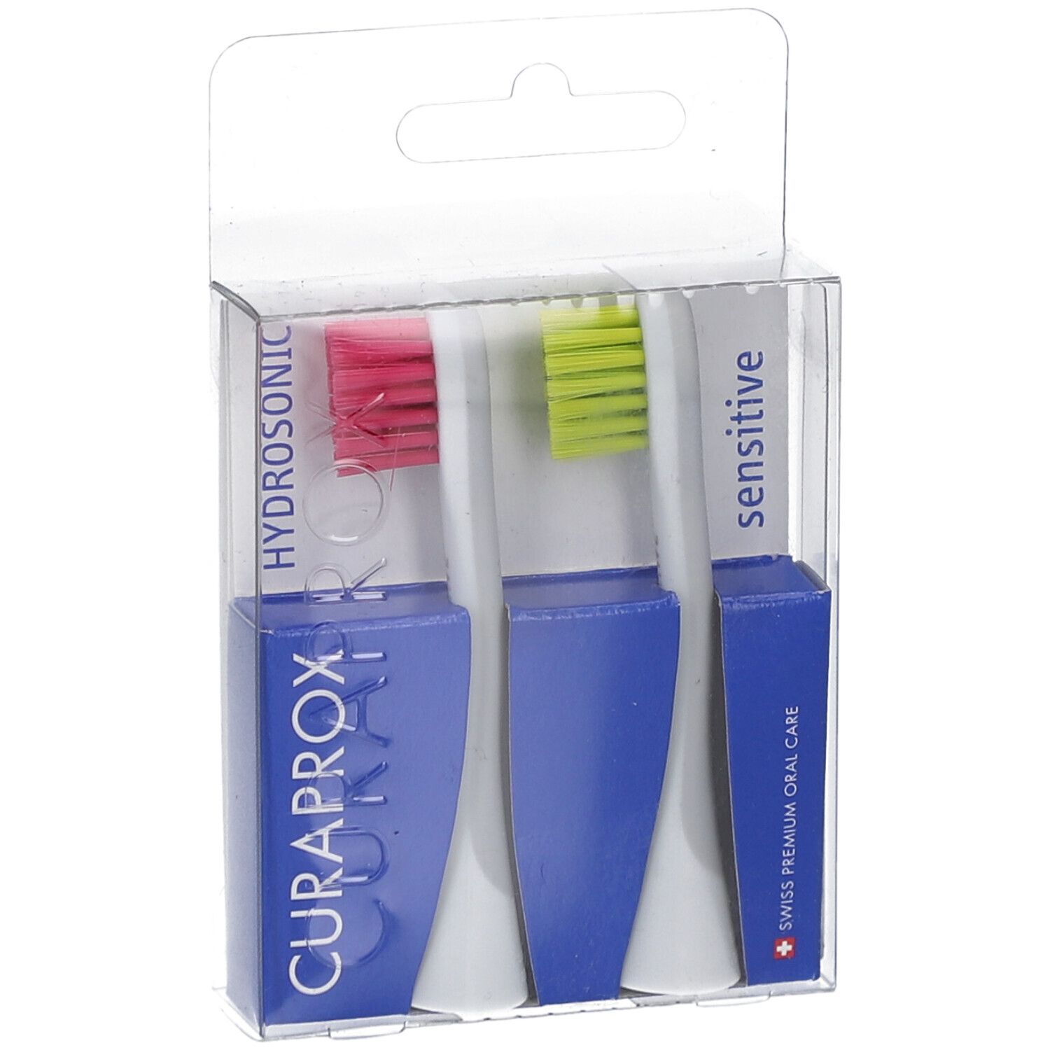 Zwei weiße Bürstenköpfe mit farbigen Borsten in einer transparenten Verpackung. Blaue Halter mit Curaprox-Logo.