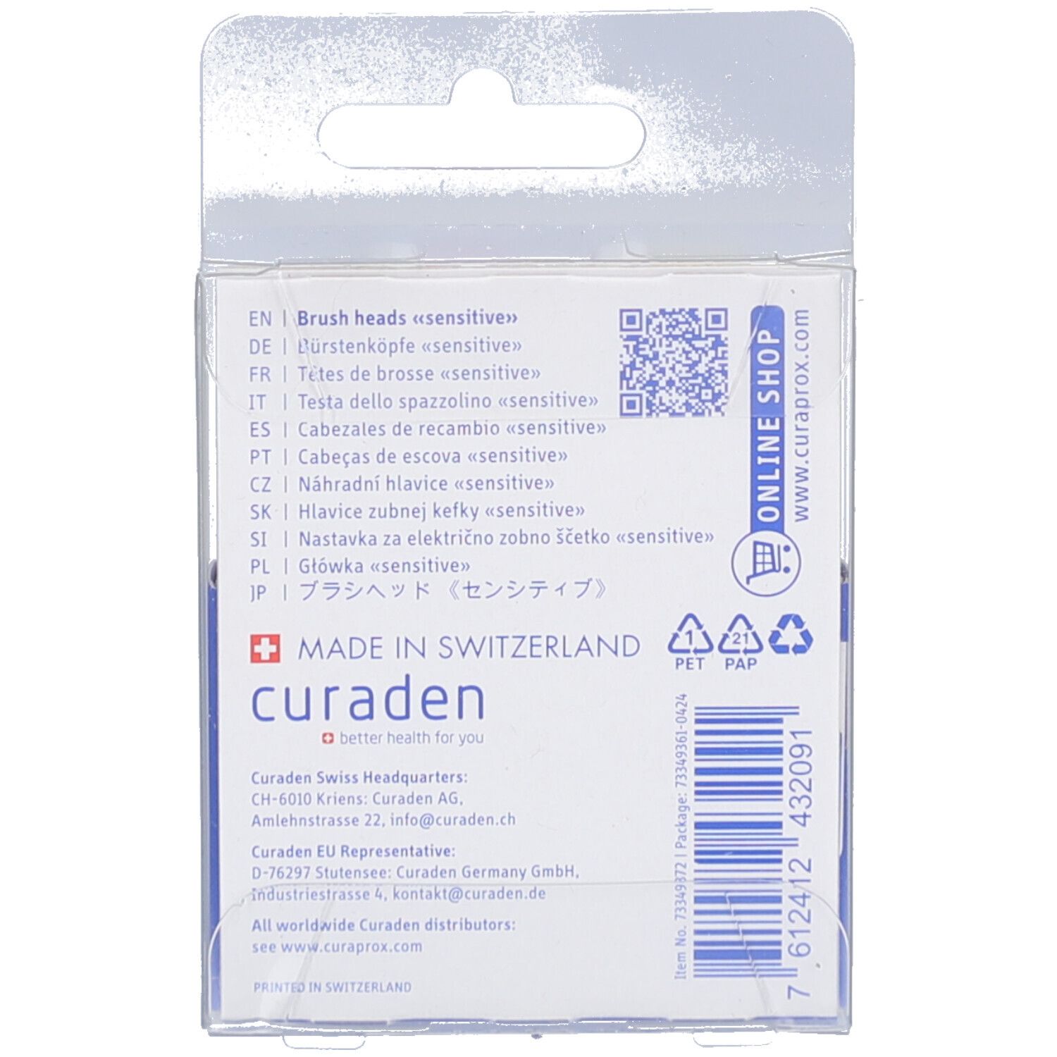Rückseite der Verpackung. Text in mehreren Sprachen. QR-Code. Logo: Made in Switzerland. CURADEN-Logo.