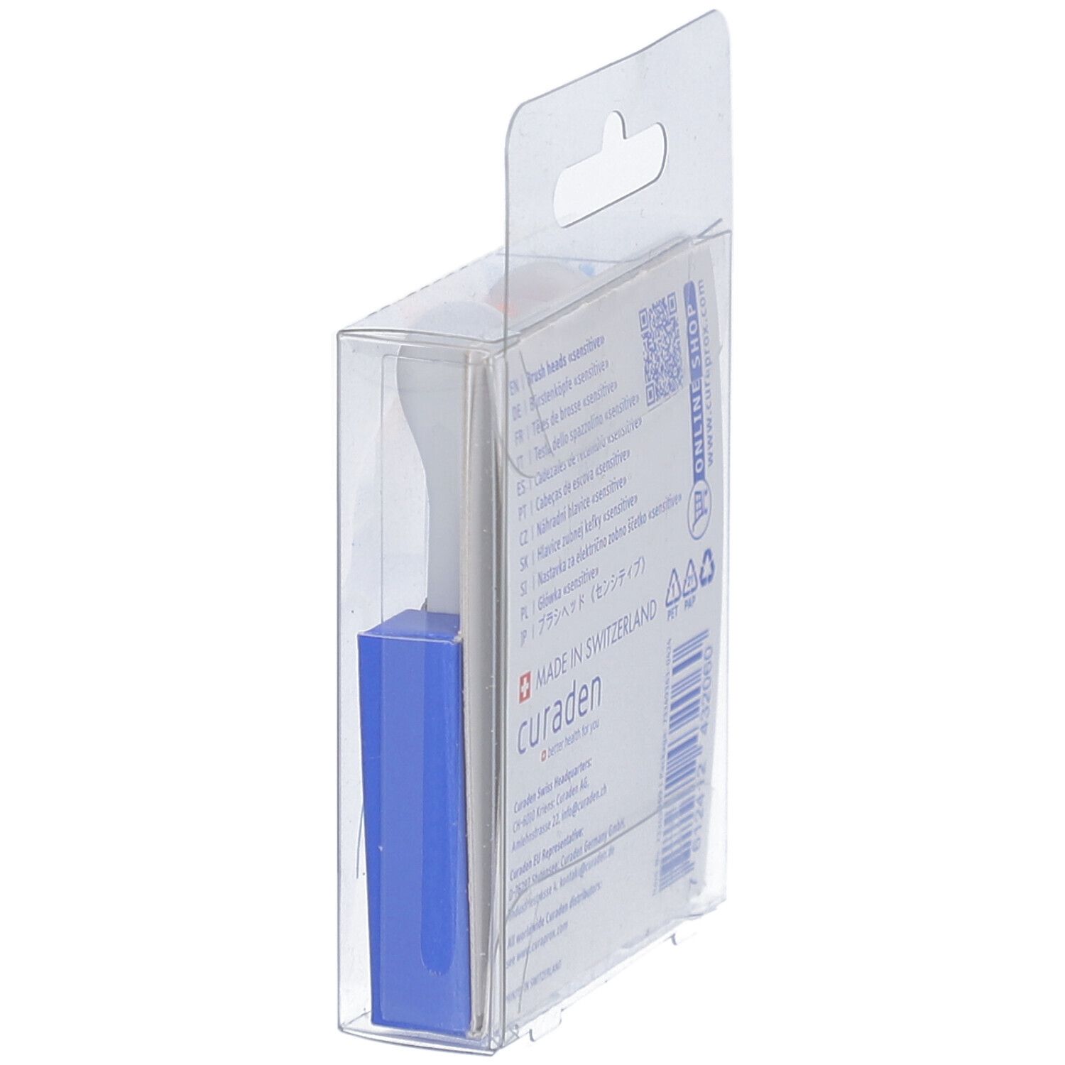 Seitenansicht der Verpackung mit einer Bürstenkopf. Blaue Verpackung mit CURADEN-Logo.